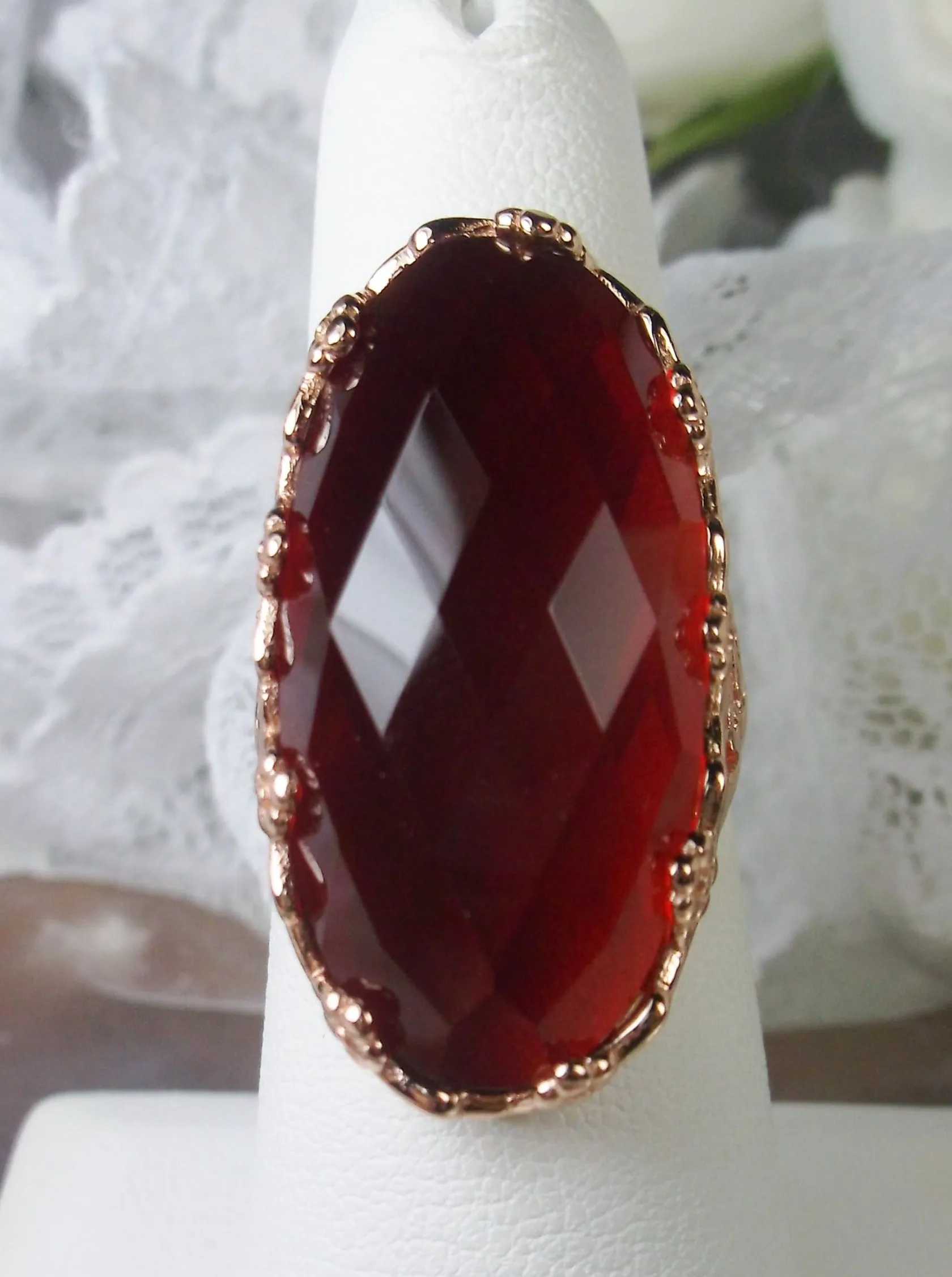 Red Ruby Ring, Rose Gold plated Sterling Silver, Large Oval gem, Vintage Jewelry #D97