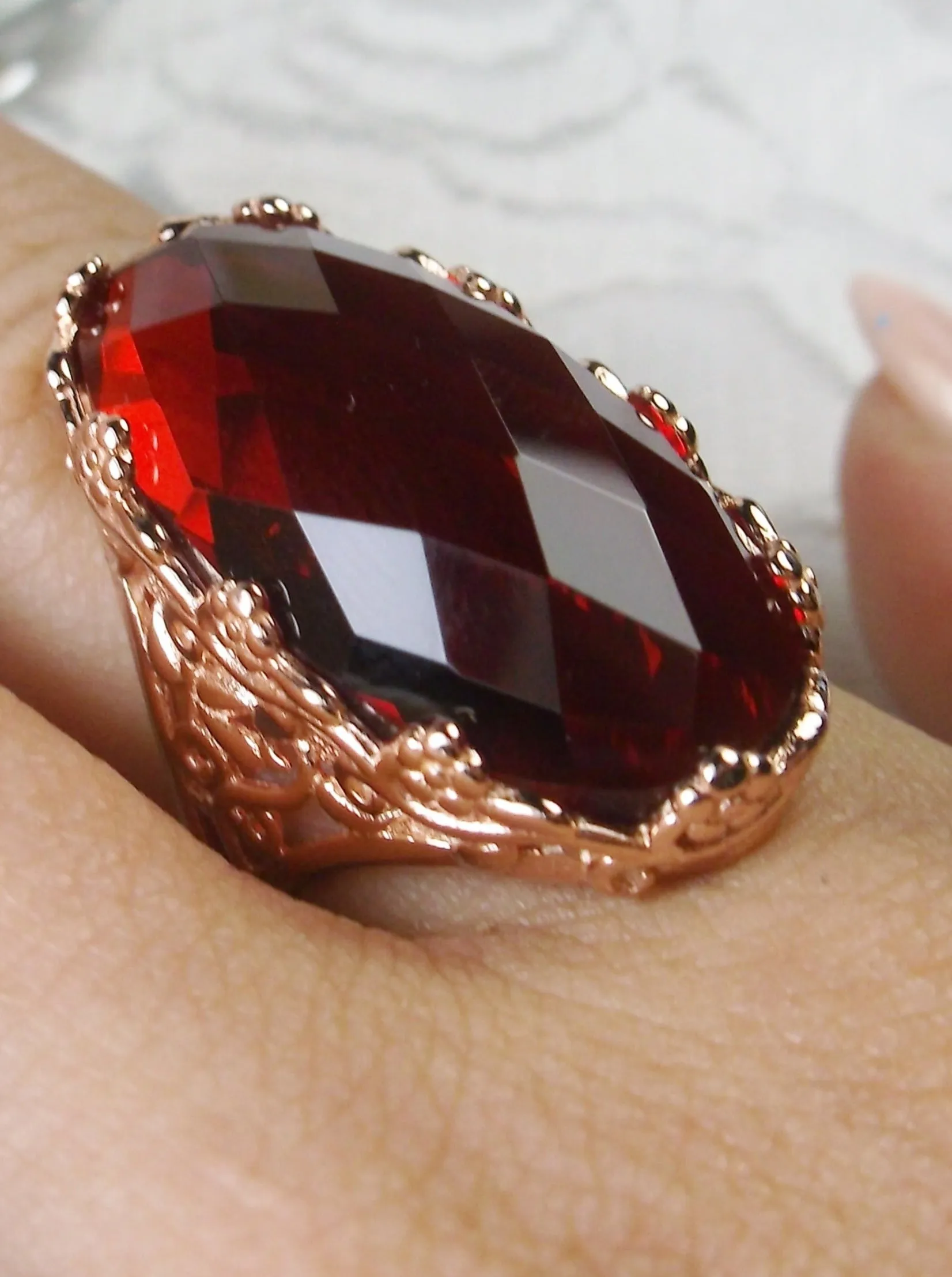 Red Ruby Ring, Rose Gold plated Sterling Silver, Large Oval gem, Vintage Jewelry #D97