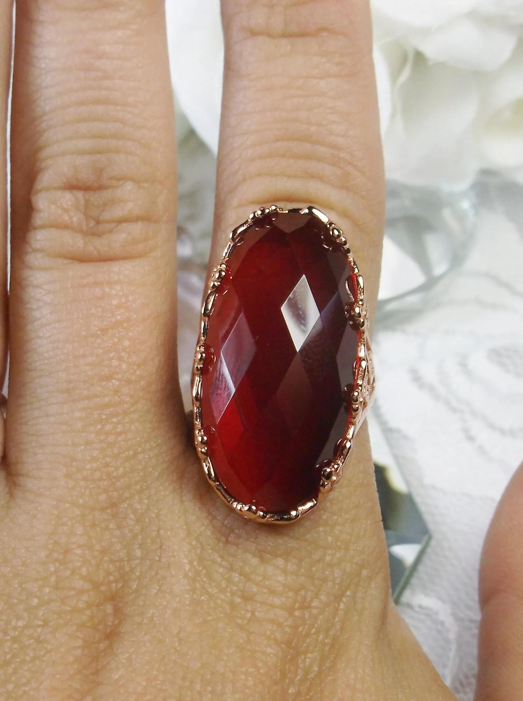 Red Ruby Ring, Rose Gold plated Sterling Silver, Large Oval gem, Vintage Jewelry #D97
