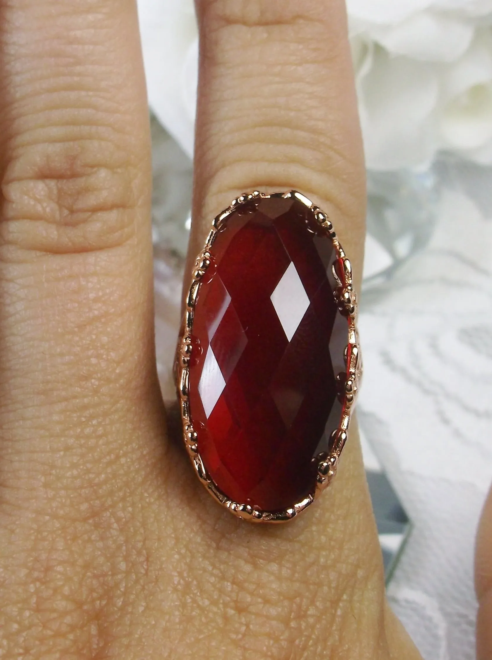 Red Ruby Ring, Rose Gold plated Sterling Silver, Large Oval gem, Vintage Jewelry #D97
