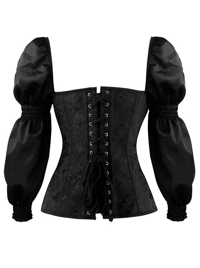 Renaissance Victorian Brocade Long Sleeves Overbust Corset  Bustier Top