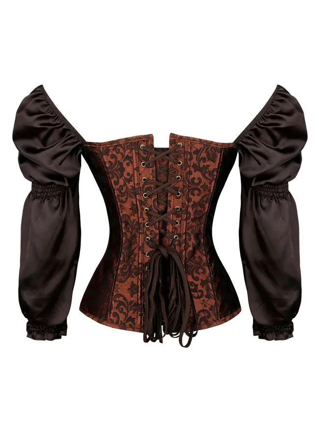 Renaissance Victorian Brocade Long Sleeves Overbust Corset  Bustier Top