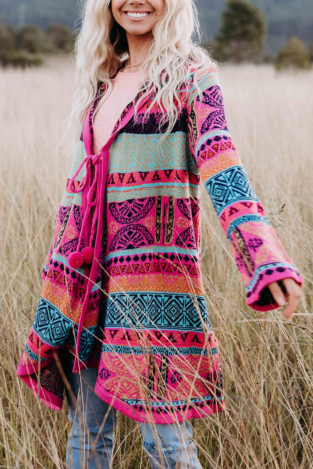 Rose Boho Aztec Knitted Pom Pom Tie Hooded Cardigan
