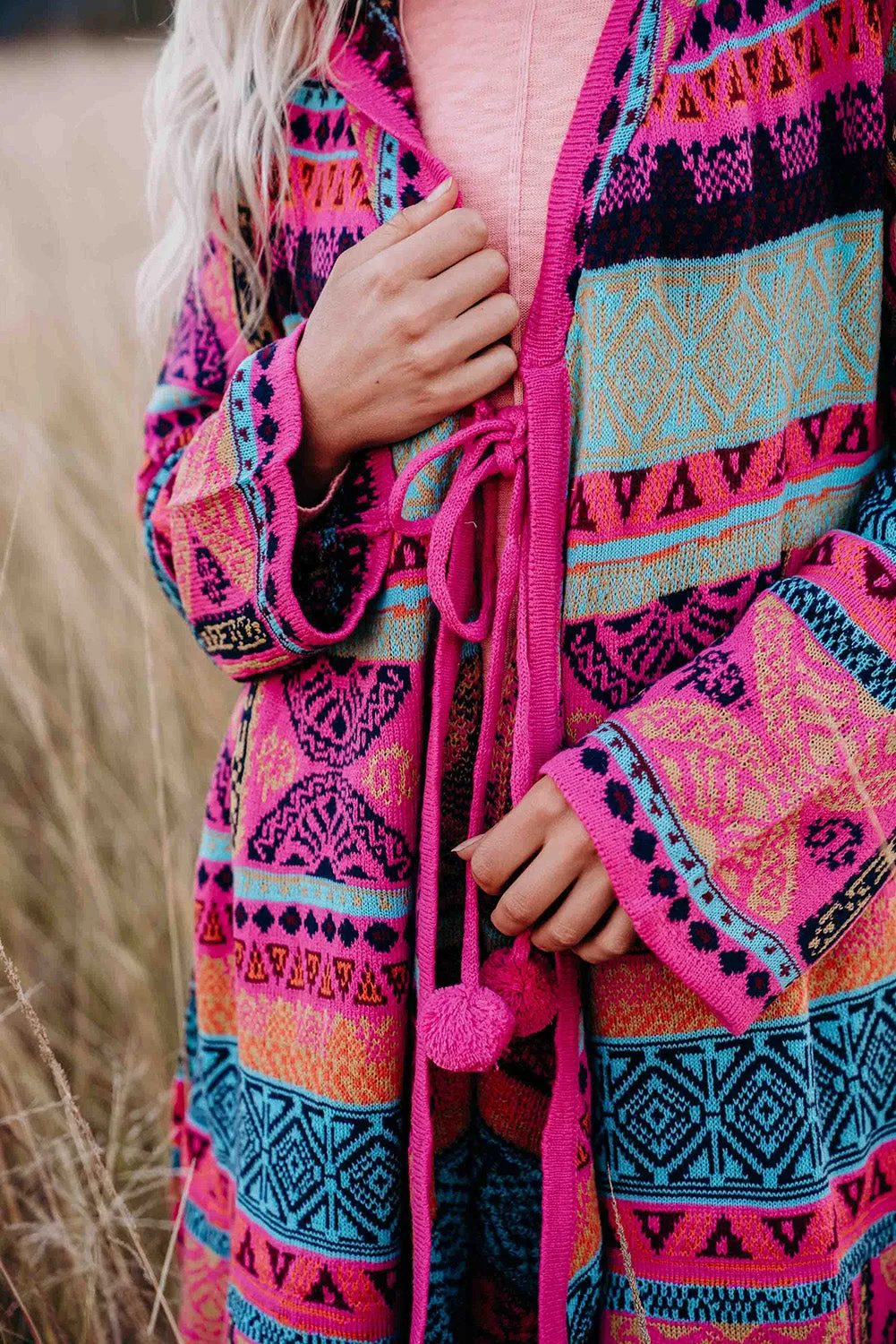 Rose Boho Aztec Knitted Pom Pom Tie Hooded Cardigan