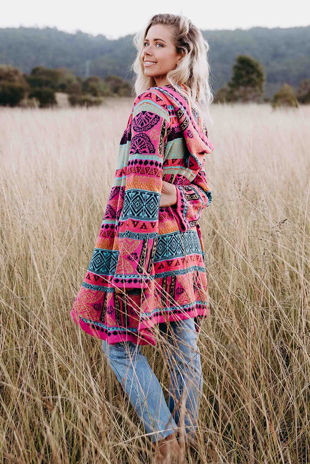 Rose Boho Aztec Knitted Pom Pom Tie Hooded Cardigan