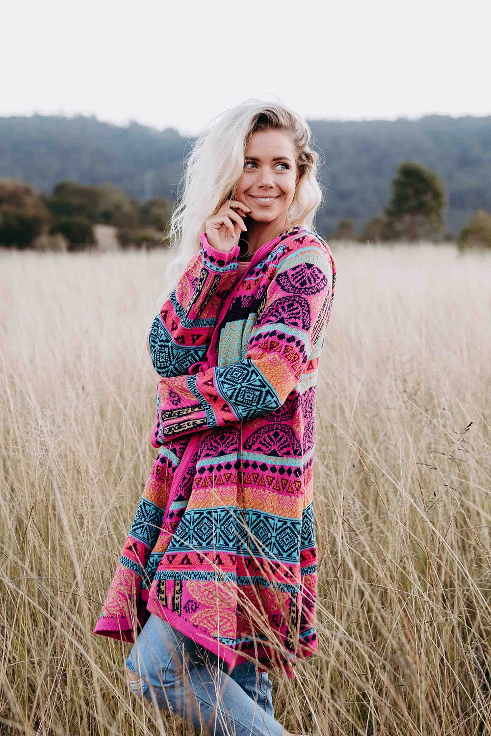 Rose Boho Aztec Knitted Pom Pom Tie Hooded Cardigan