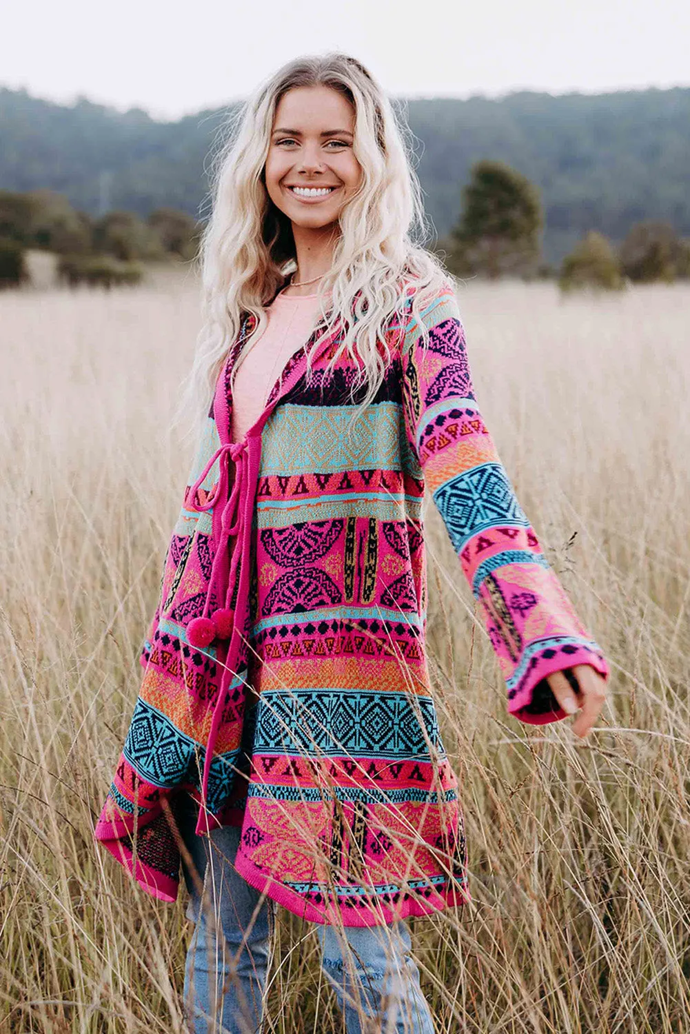 Rose Boho Aztec Knitted Pom Pom Tie Hooded Cardigan