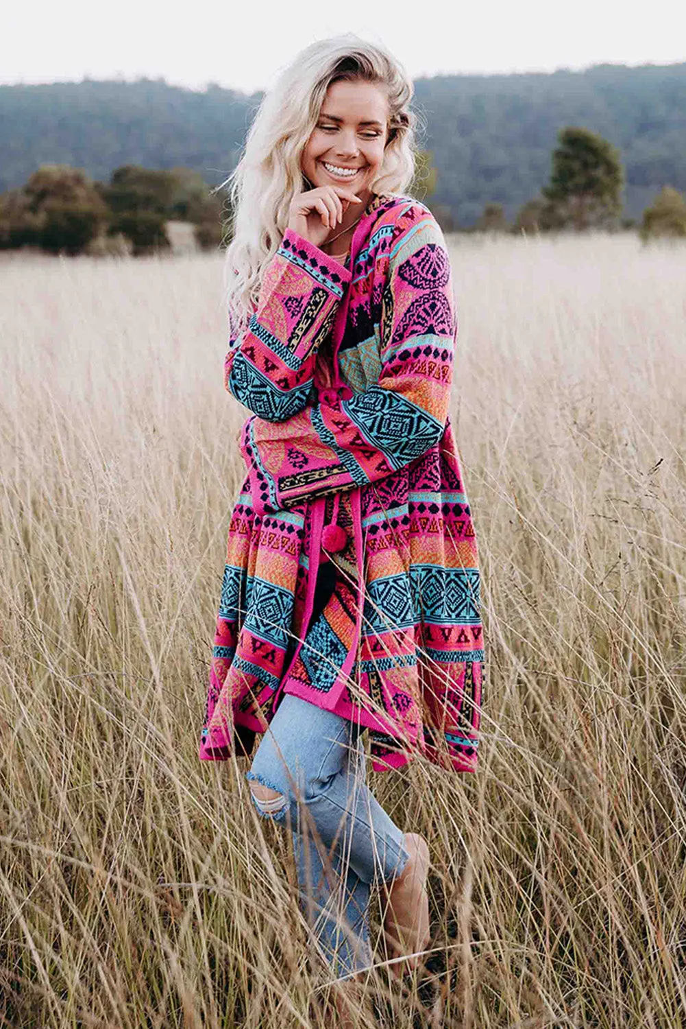 Rose Boho Aztec Knitted Pom Pom Tie Hooded Cardigan