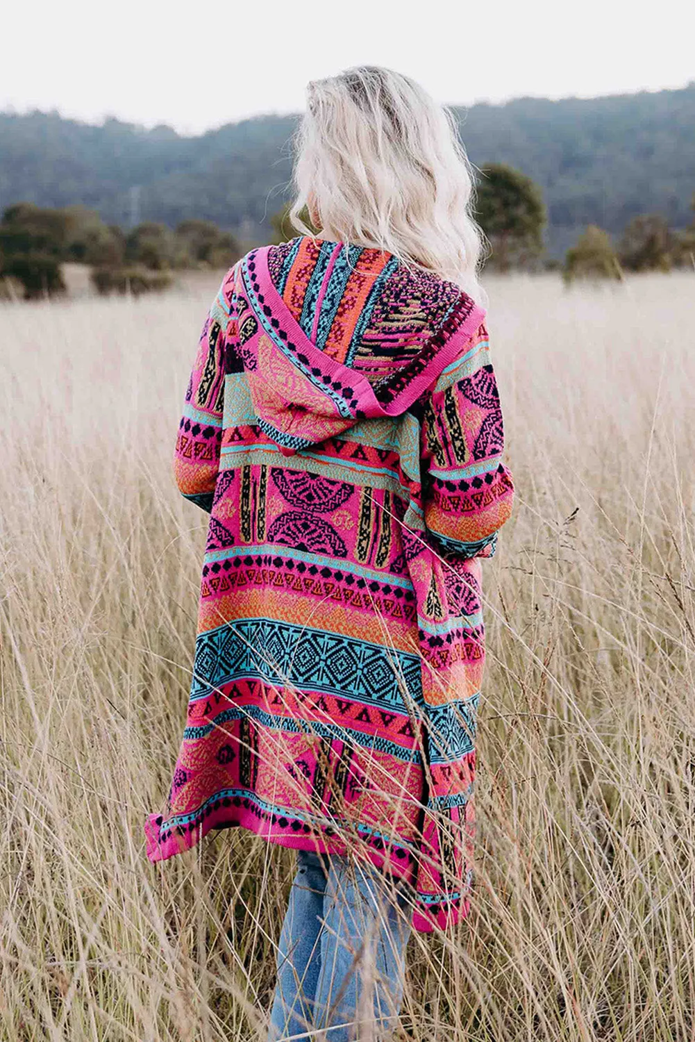 Rose Boho Aztec Knitted Pom Pom Tie Hooded Cardigan