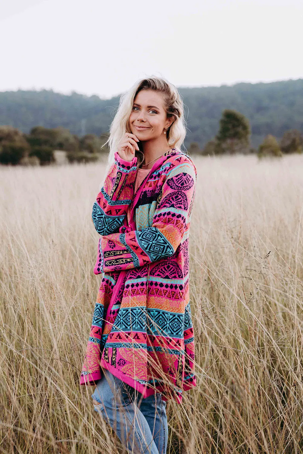 Rose Boho Aztec Knitted Pom Pom Tie Hooded Cardigan