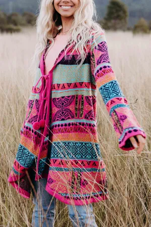 Rose Boho Aztec Knitted Pom Pom Tie Hooded Cardigan