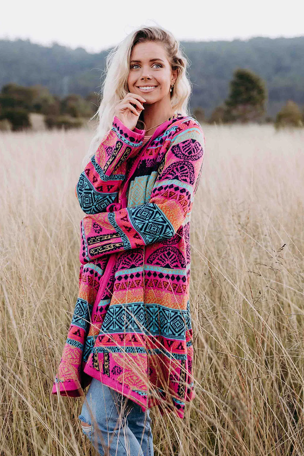 Rose Boho Aztec Knitted Pom Pom Tie Hooded Cardigan