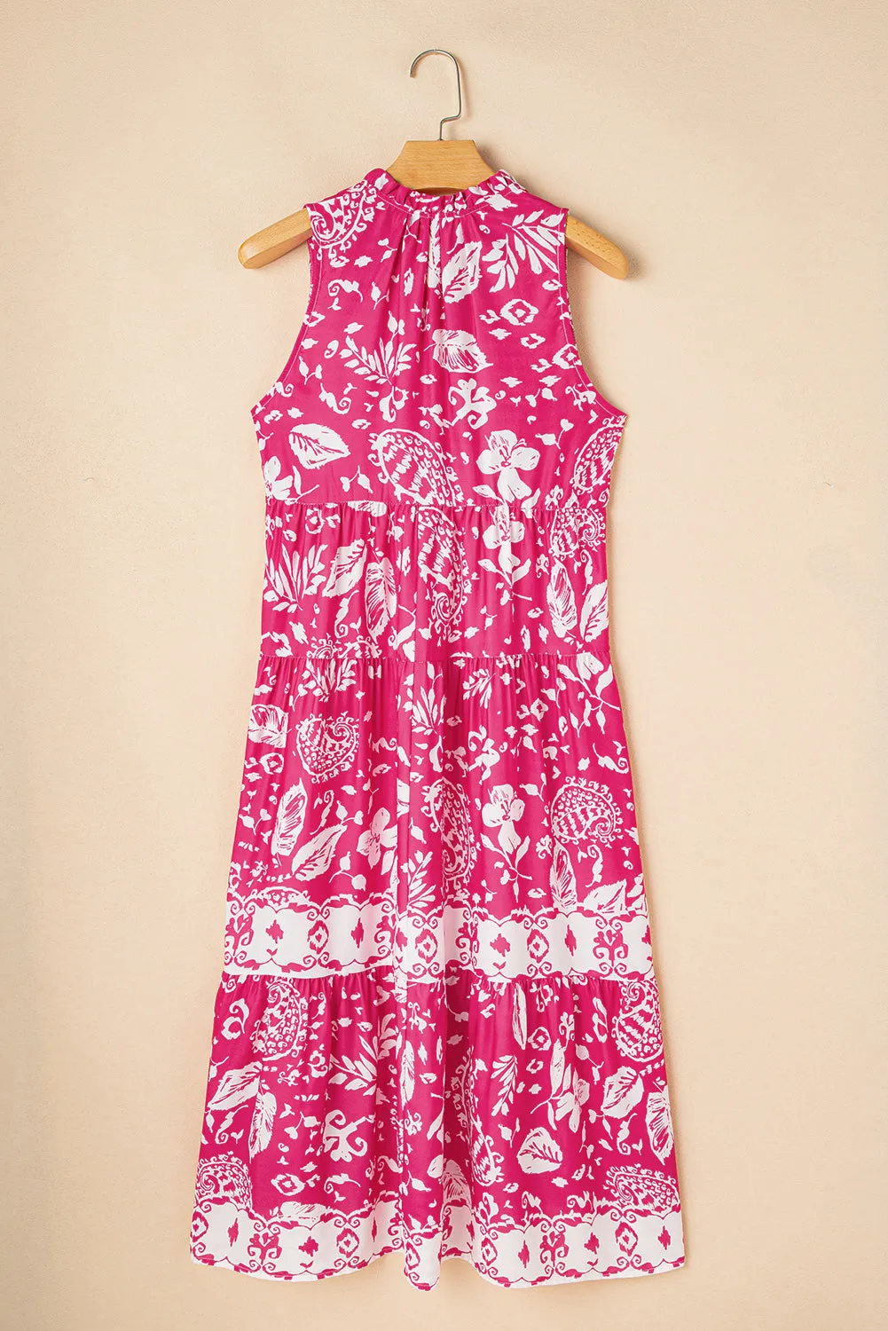 Rose Floral Sleeveless Tasseled Lace-up Neck Tiered Midi Dress