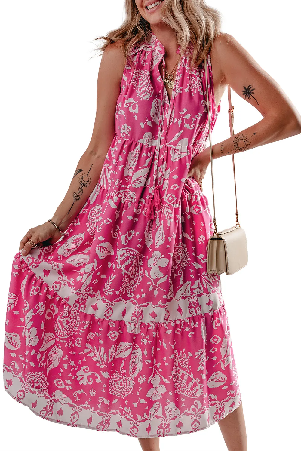 Rose Floral Sleeveless Tasseled Lace-up Neck Tiered Midi Dress