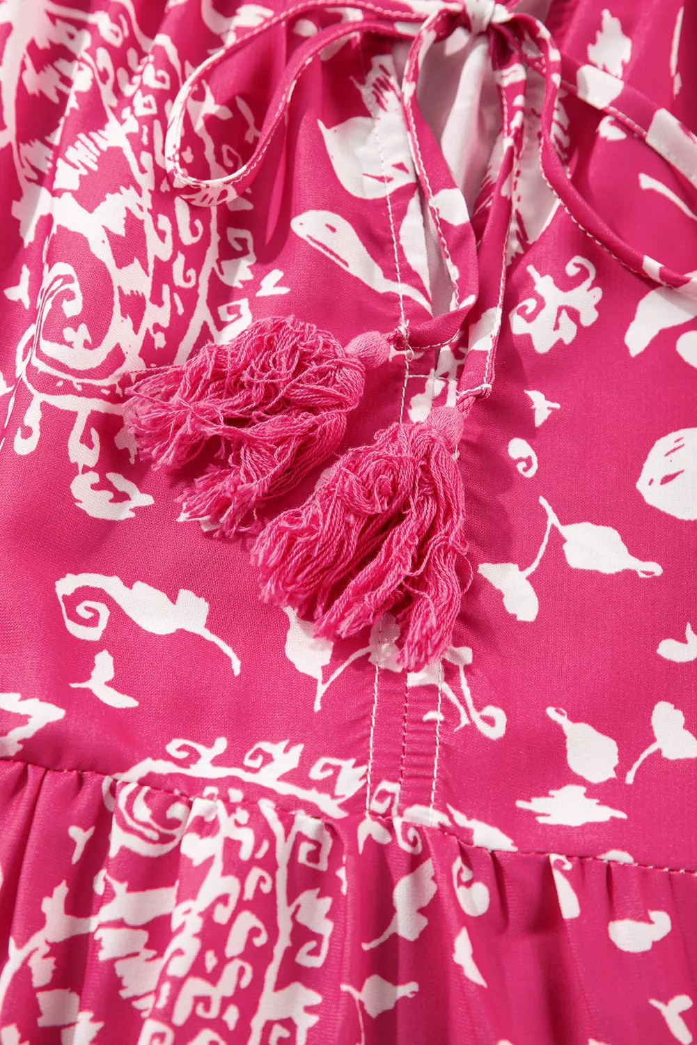Rose Floral Sleeveless Tasseled Lace-up Neck Tiered Midi Dress