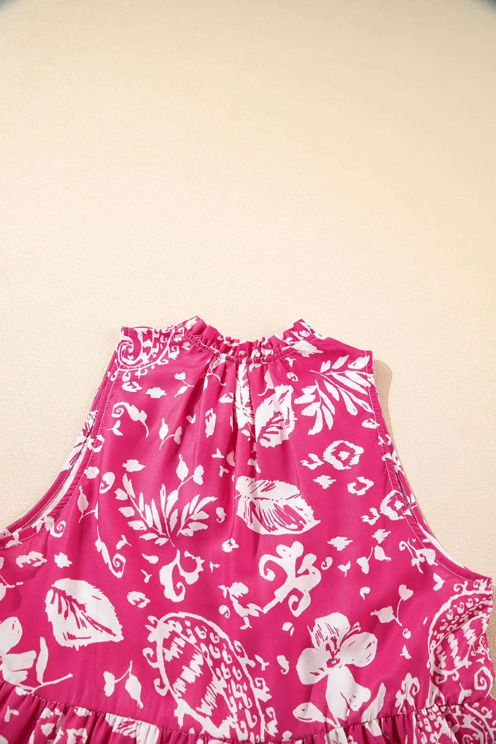 Rose Floral Sleeveless Tasseled Lace-up Neck Tiered Midi Dress