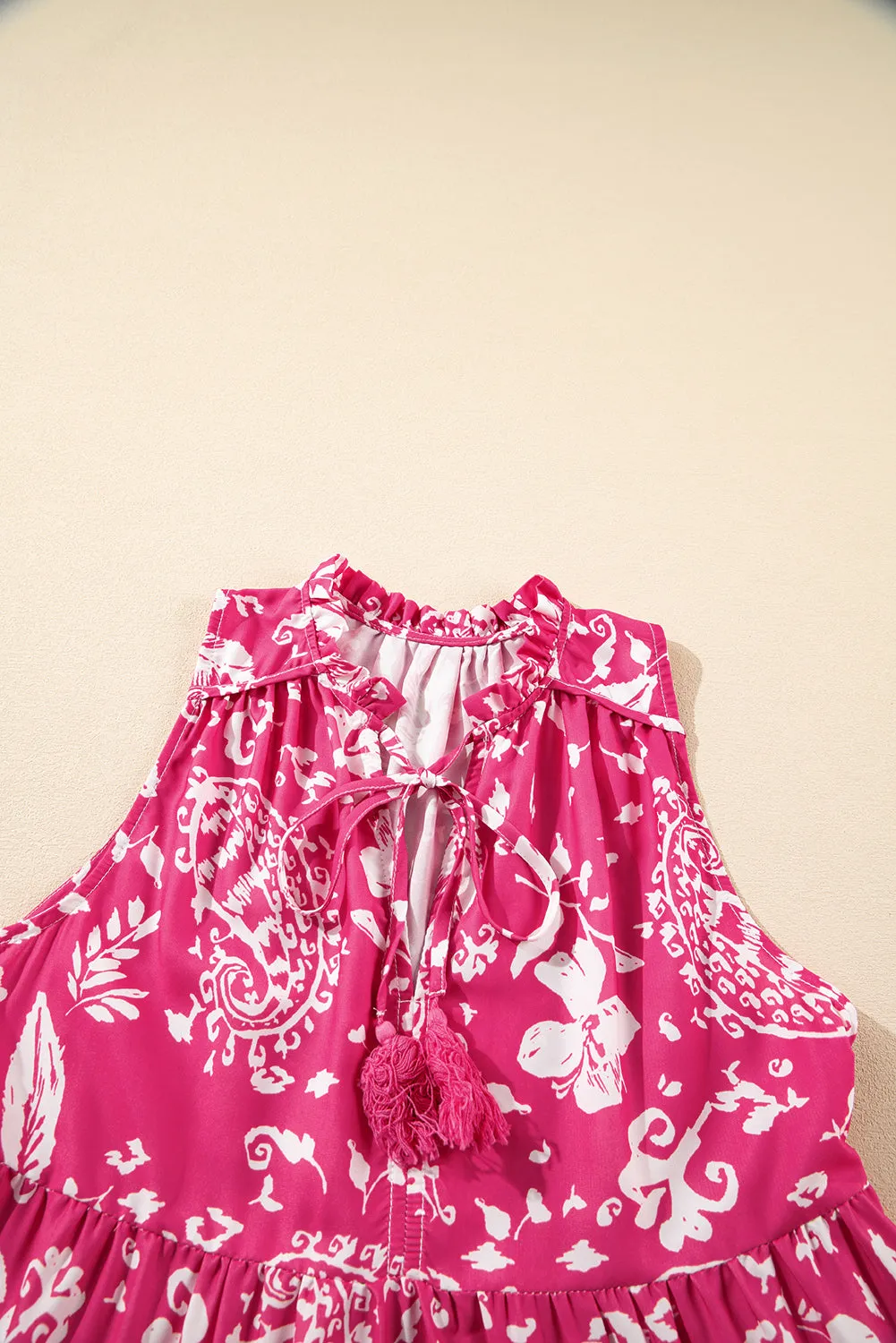 Rose Floral Sleeveless Tasseled Lace-up Neck Tiered Midi Dress
