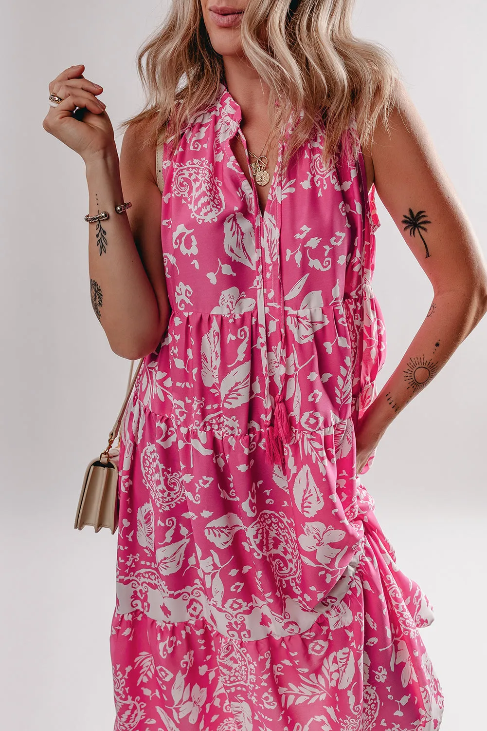 Rose Floral Sleeveless Tasseled Lace-up Neck Tiered Midi Dress