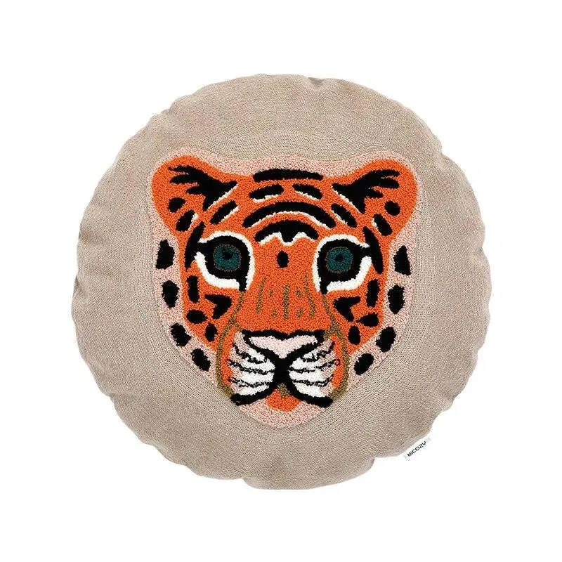 Round Jungle Leopard Tiger Embroidered Pillow Cover
