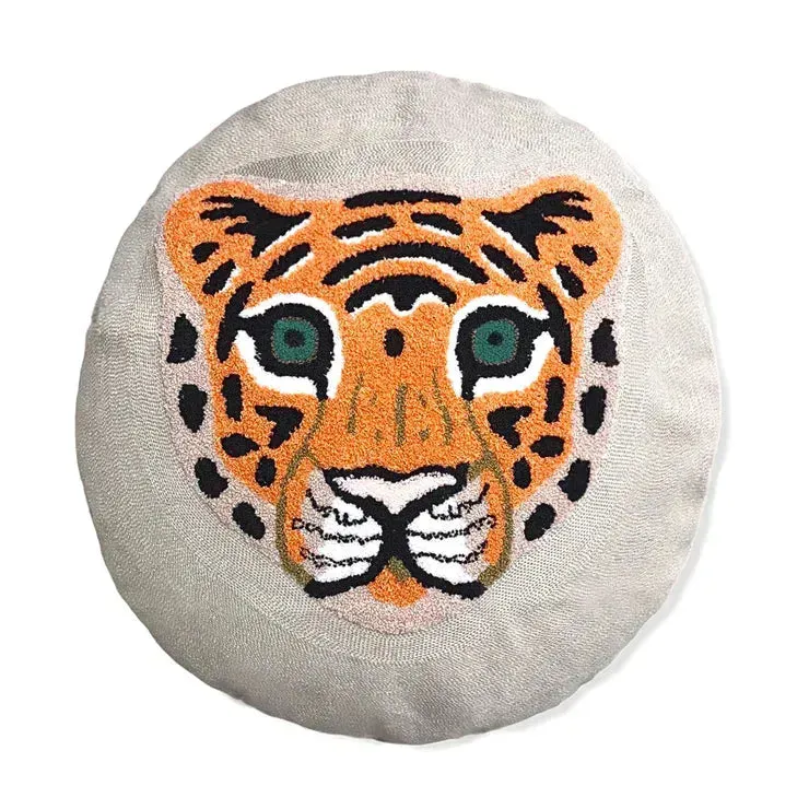 Round Jungle Leopard Tiger Embroidered Pillow Cover