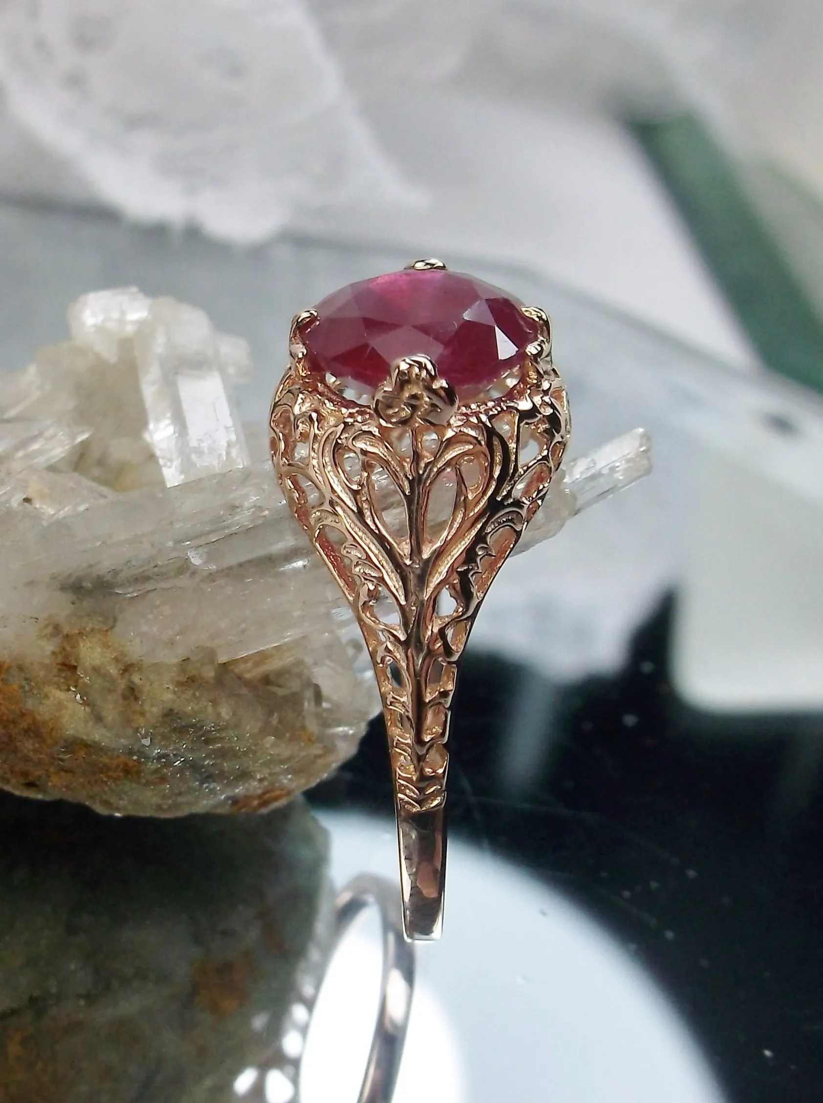 Ruby Ring, Natural Gemstone, Rose Gold, Victorian Jewelry #D198