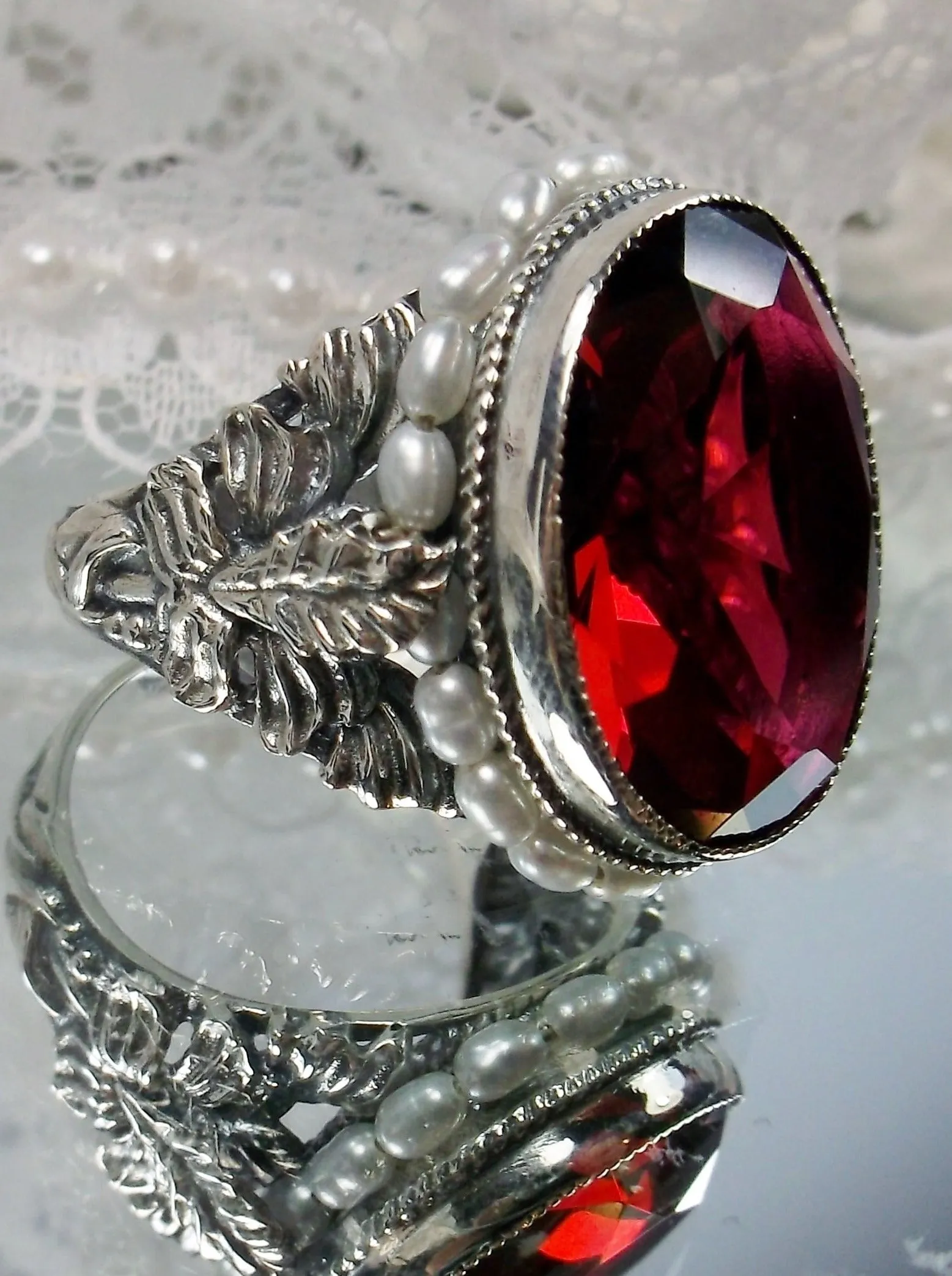 Ruby Ring,  Ruby & Seed Pearl, Art Nouveau Jewelry #D207