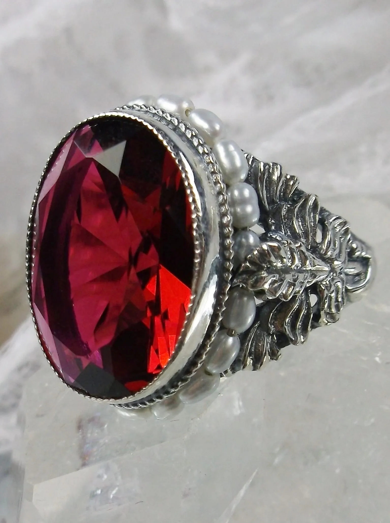 Ruby Ring,  Ruby & Seed Pearl, Art Nouveau Jewelry #D207