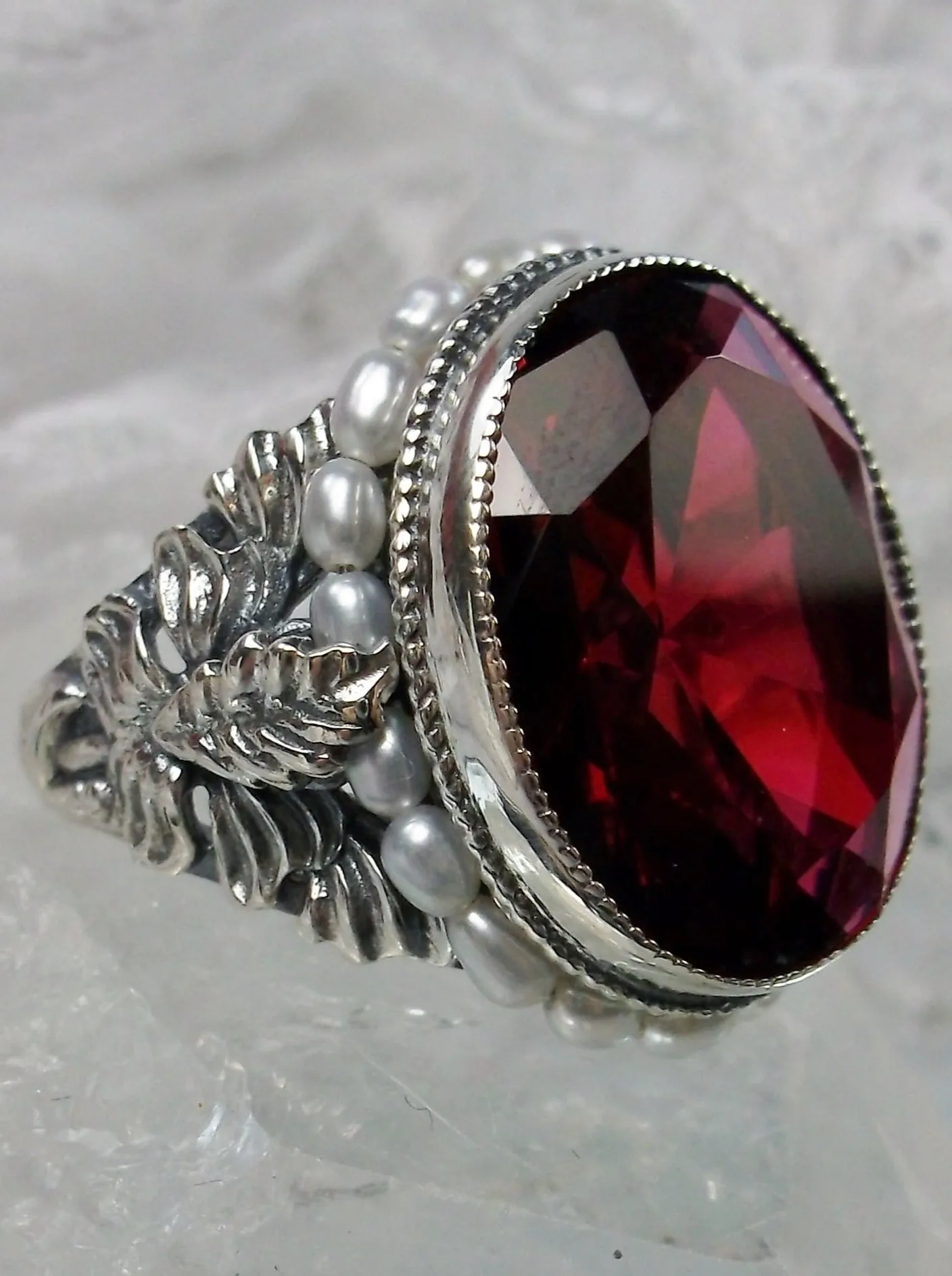 Ruby Ring,  Ruby & Seed Pearl, Art Nouveau Jewelry #D207