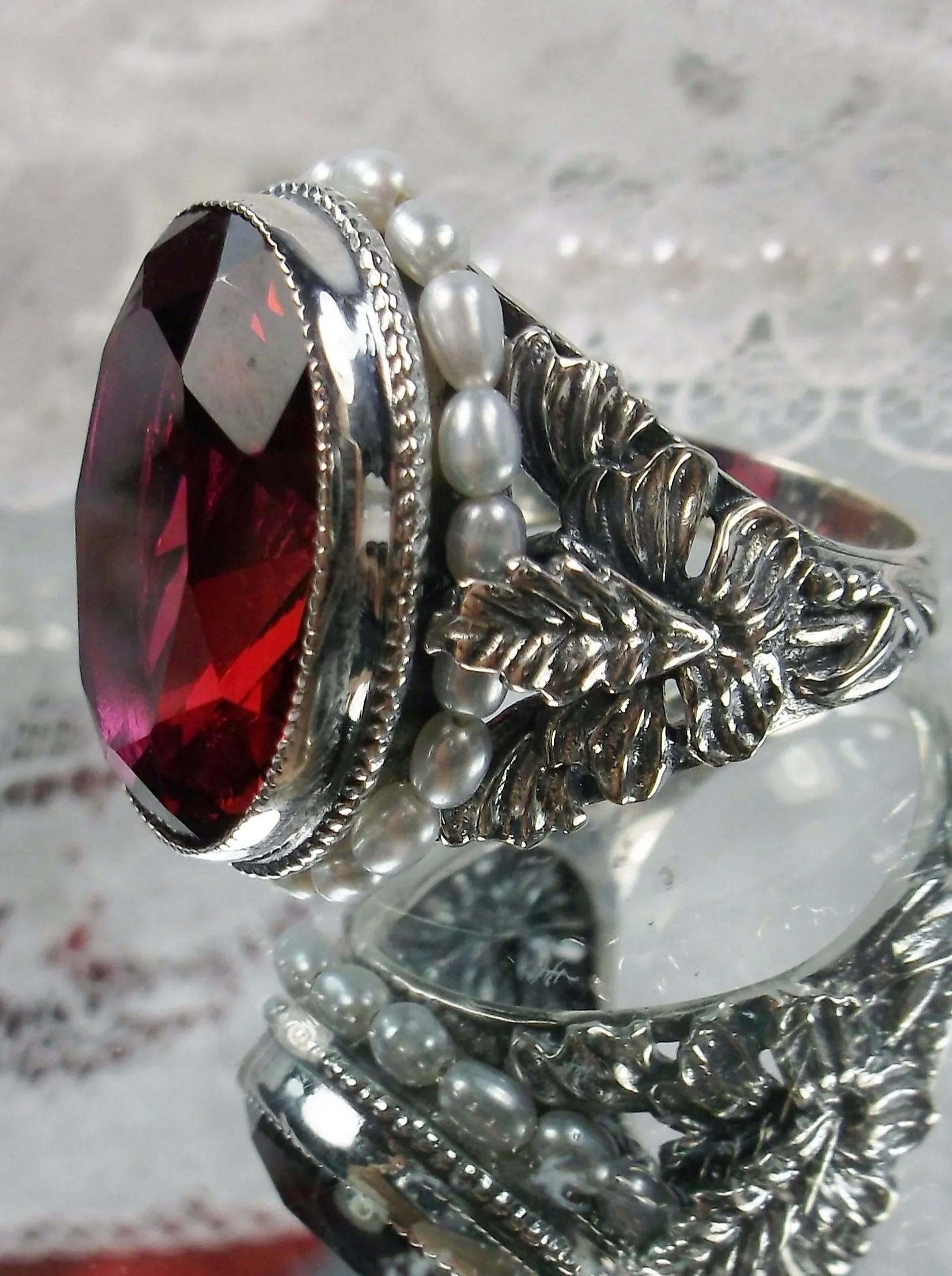 Ruby Ring,  Ruby & Seed Pearl, Art Nouveau Jewelry #D207