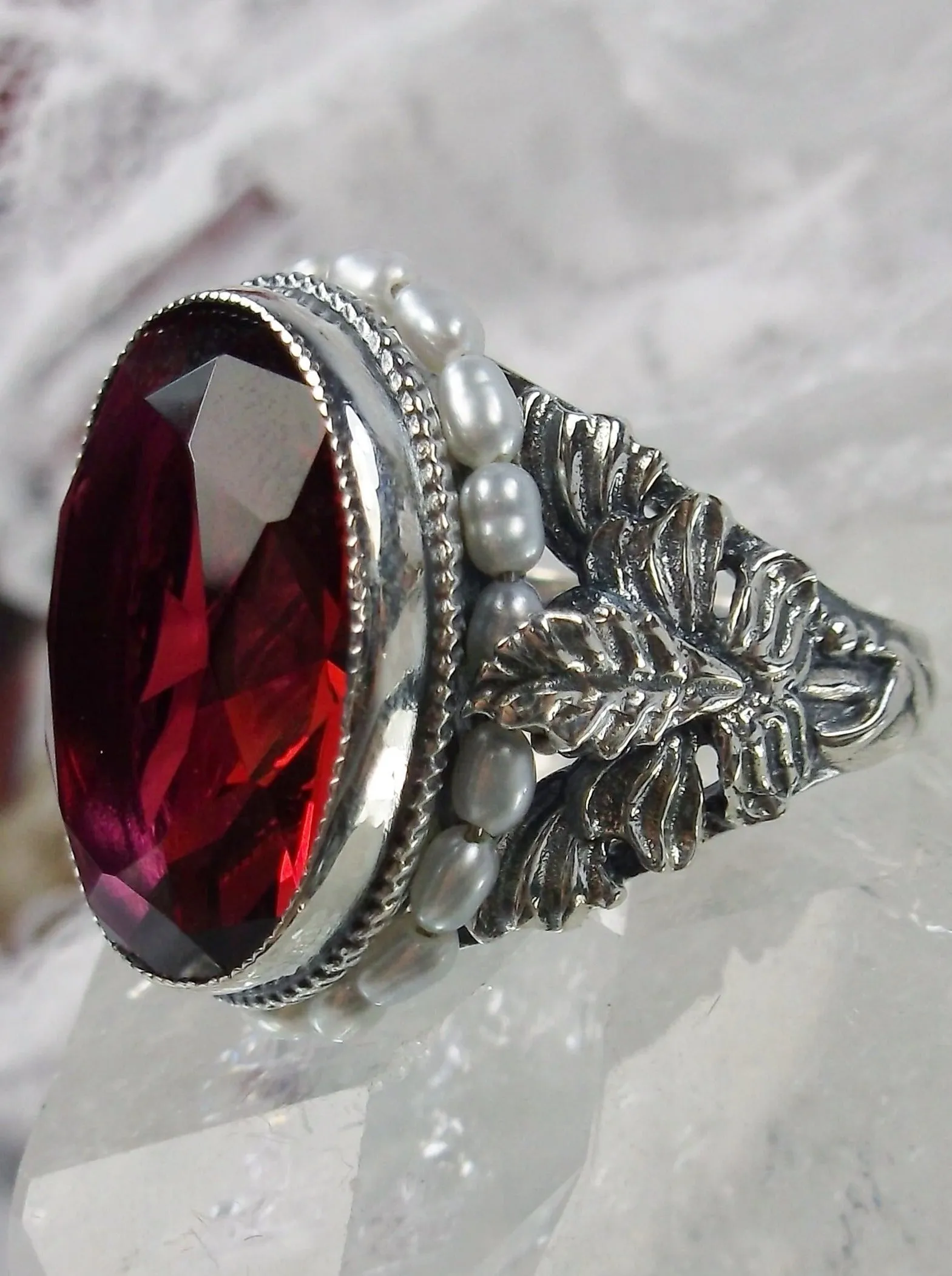 Ruby Ring,  Ruby & Seed Pearl, Art Nouveau Jewelry #D207