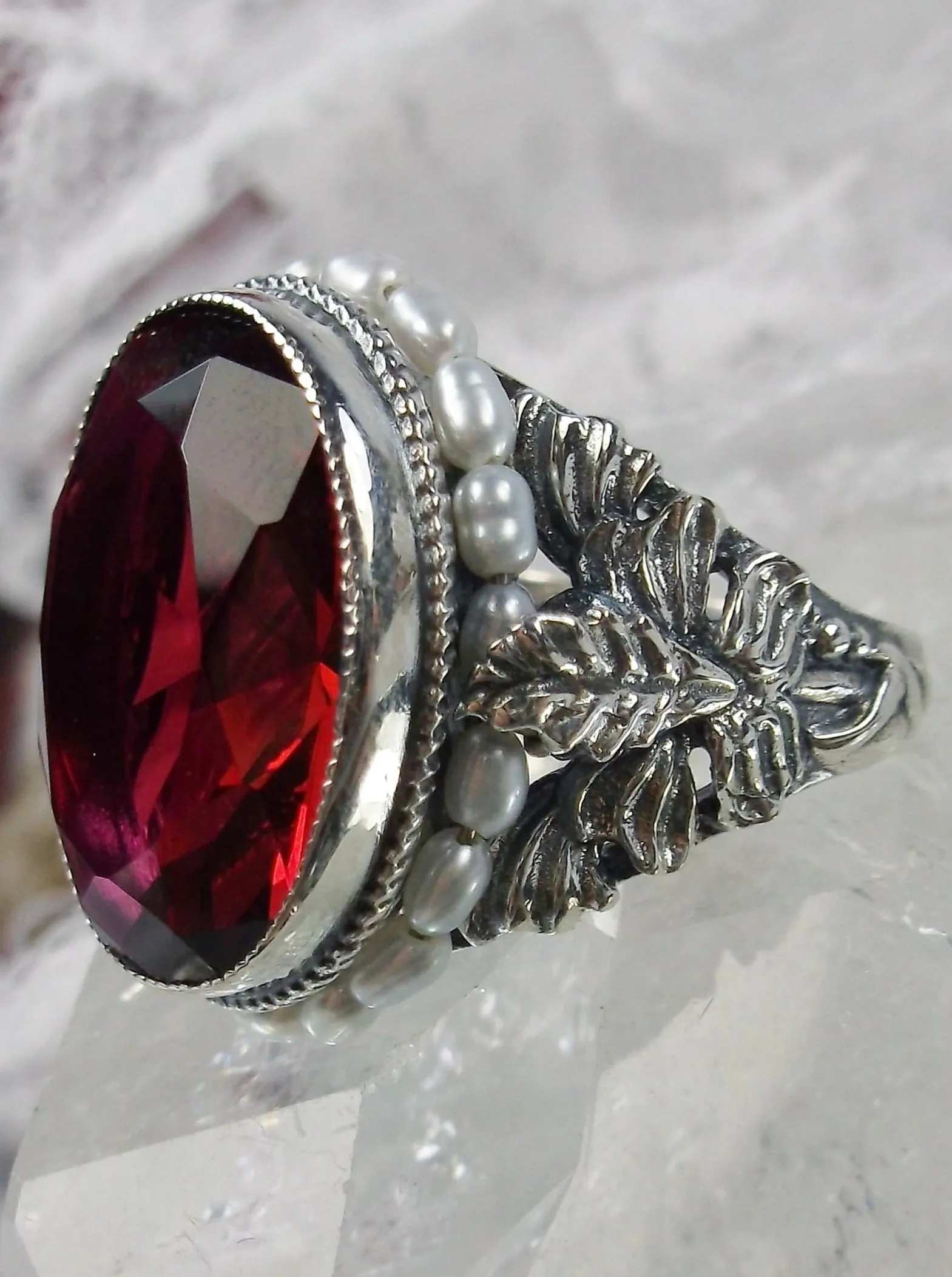 Ruby Ring,  Ruby & Seed Pearl, Art Nouveau Jewelry #D207