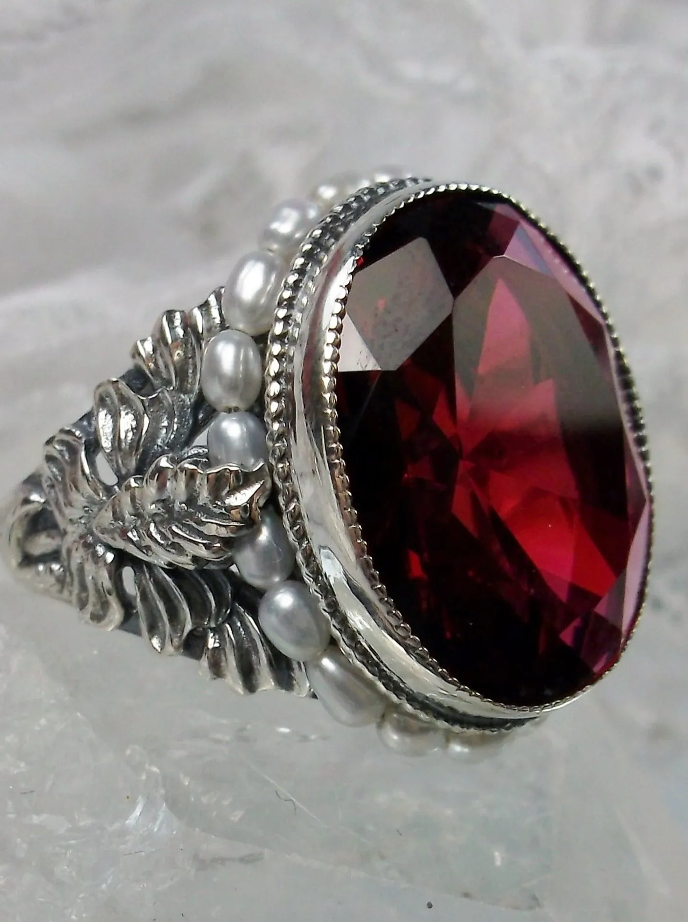 Ruby Ring,  Ruby & Seed Pearl, Art Nouveau Jewelry #D207