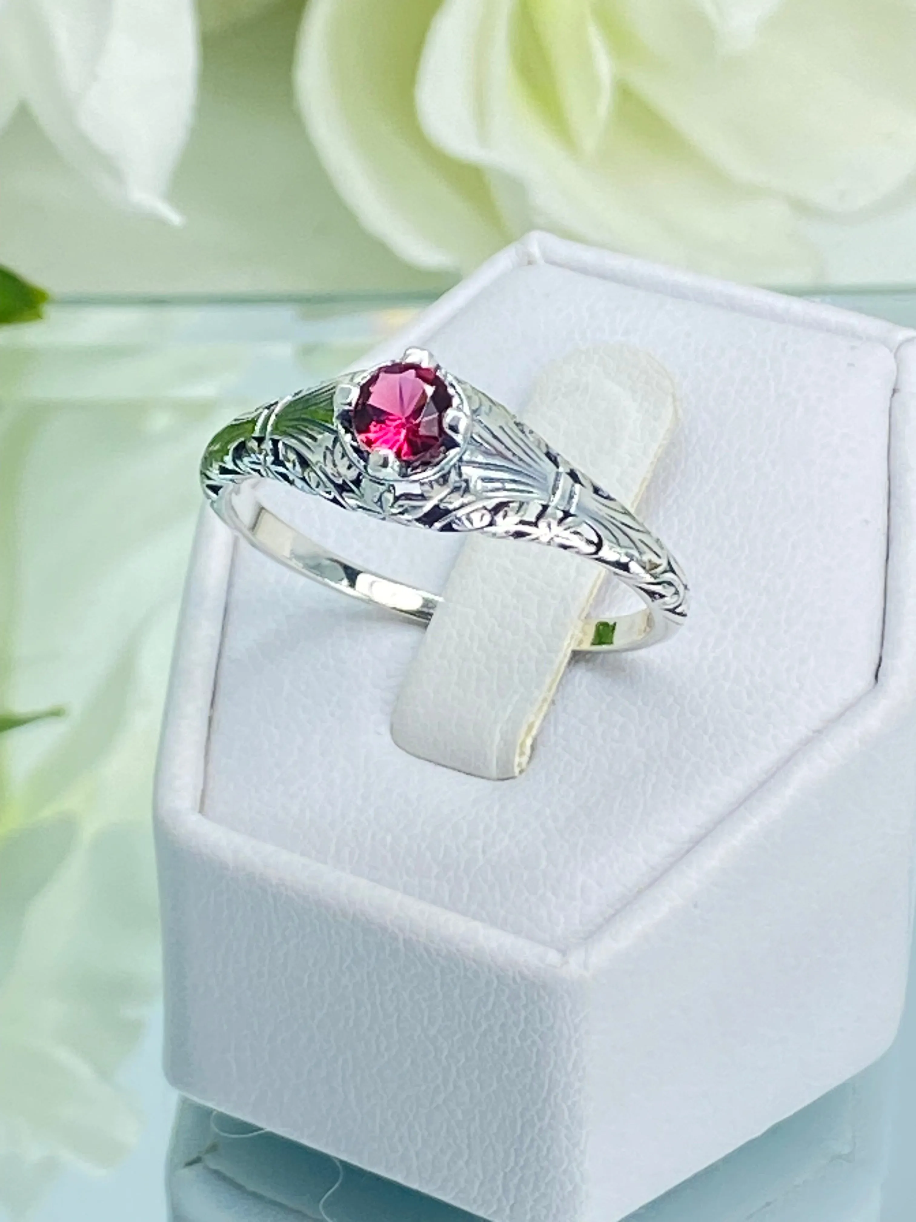 Ruby Ring, Size 11, Silver Edwardian Floral Filigree Jewelry #D154 - Ready to Ship