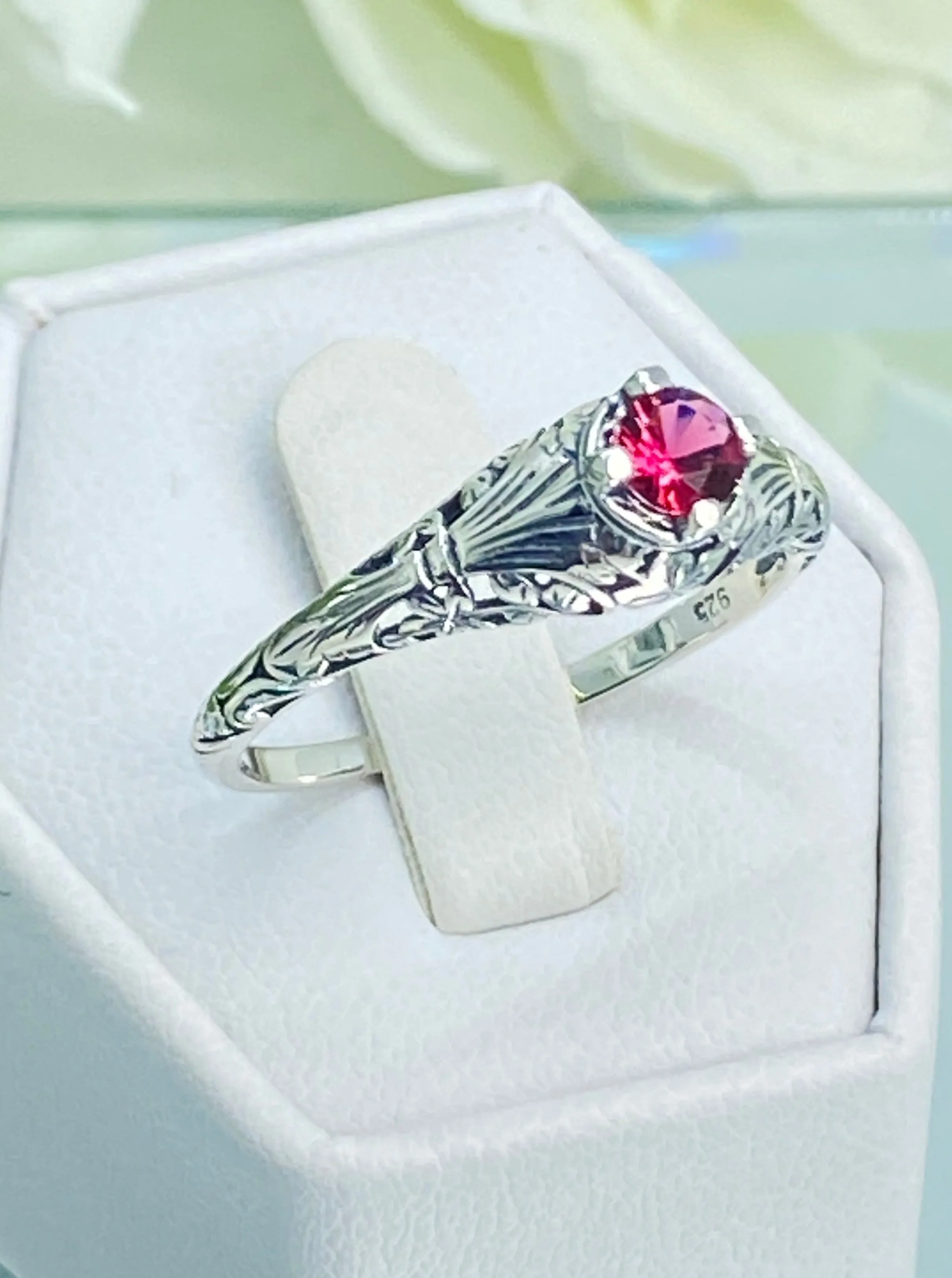 Ruby Ring, Size 11, Silver Edwardian Floral Filigree Jewelry #D154 - Ready to Ship