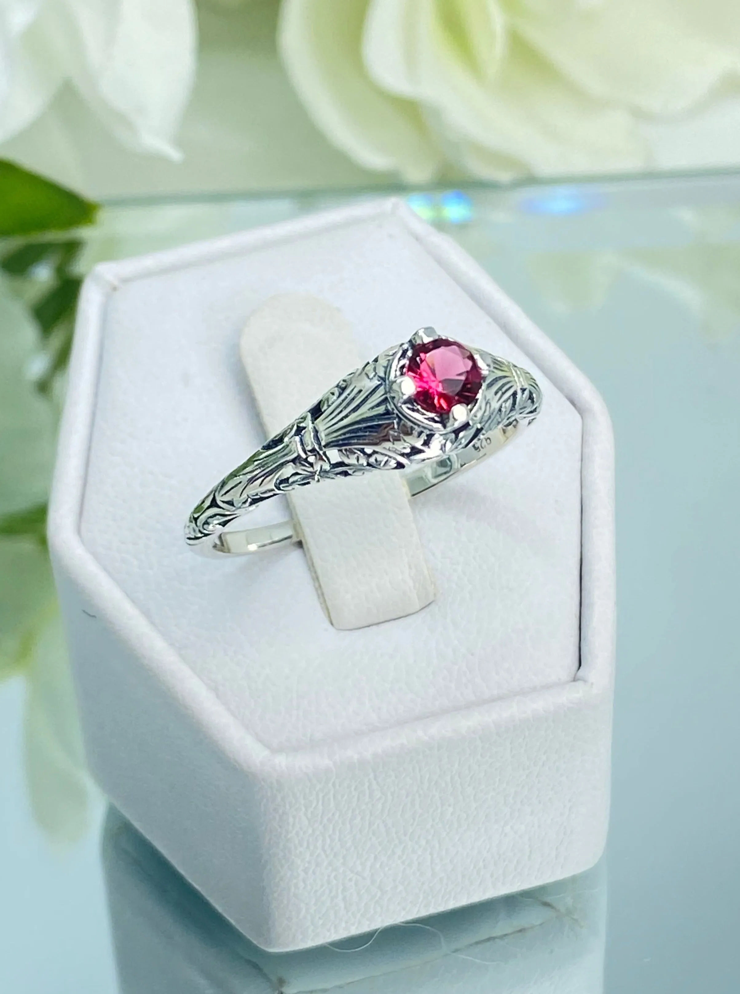 Ruby Ring, Size 11, Silver Edwardian Floral Filigree Jewelry #D154 - Ready to Ship
