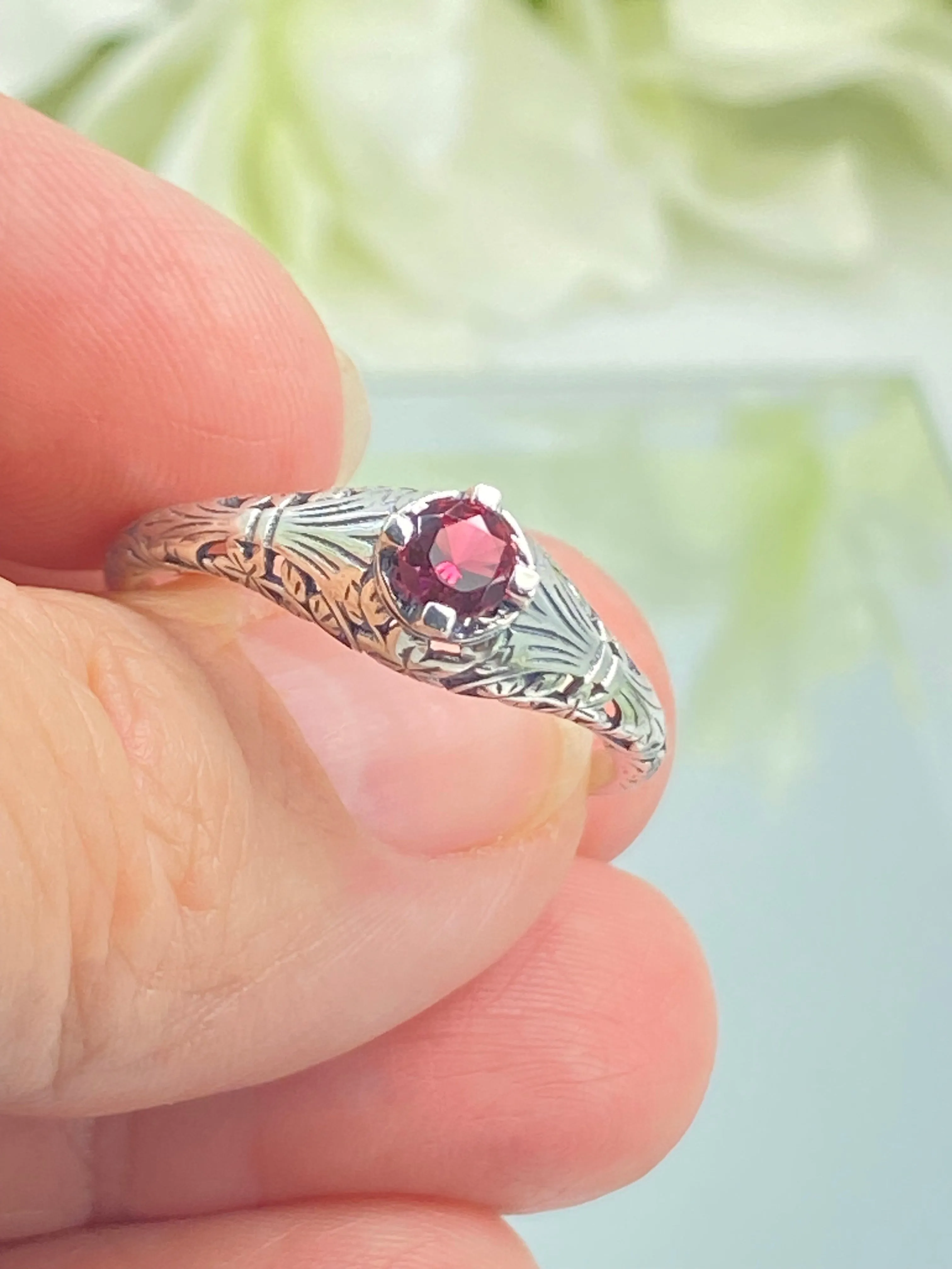 Ruby Ring, Size 11, Silver Edwardian Floral Filigree Jewelry #D154 - Ready to Ship
