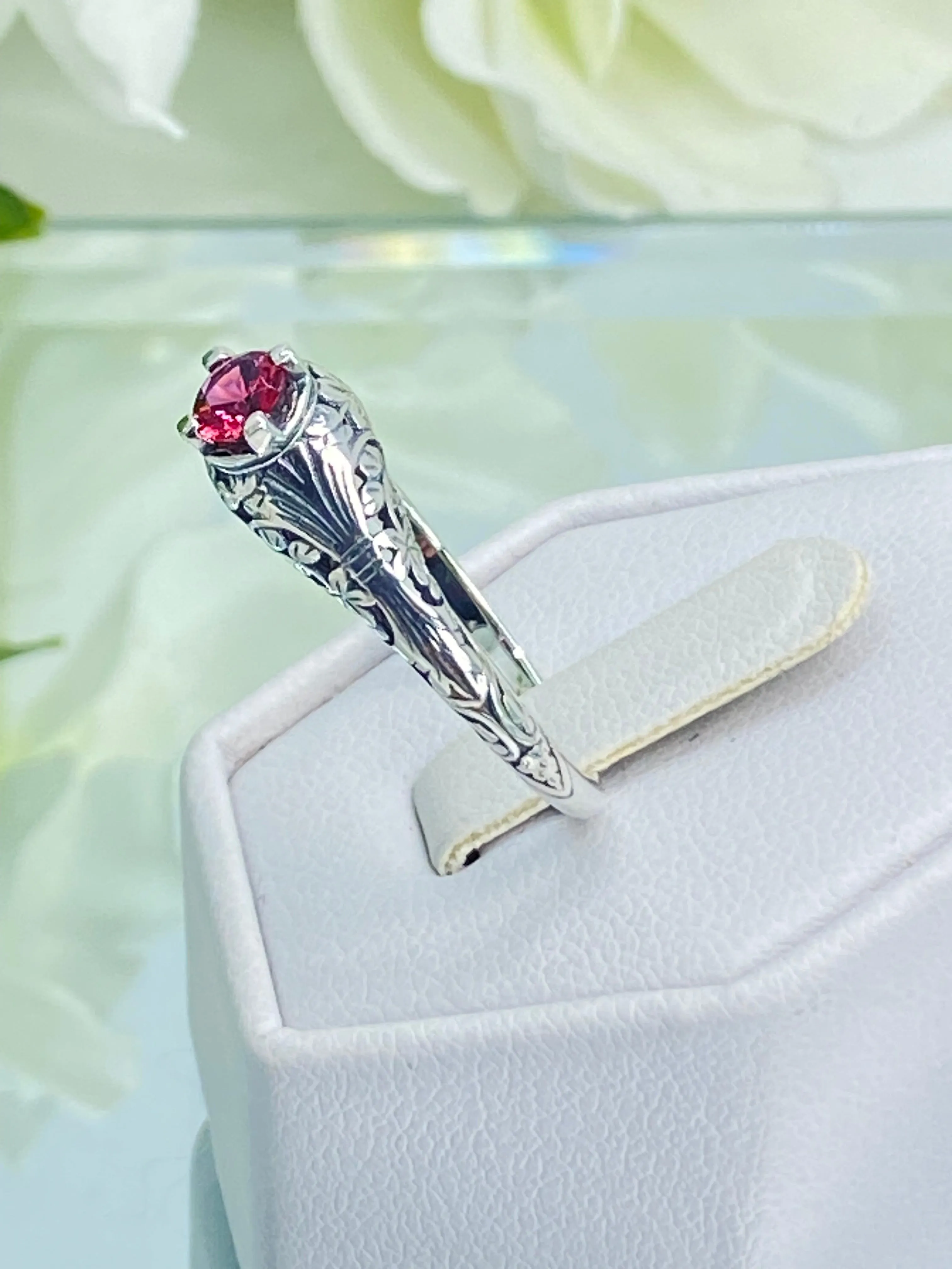 Ruby Ring, Size 11, Silver Edwardian Floral Filigree Jewelry #D154 - Ready to Ship