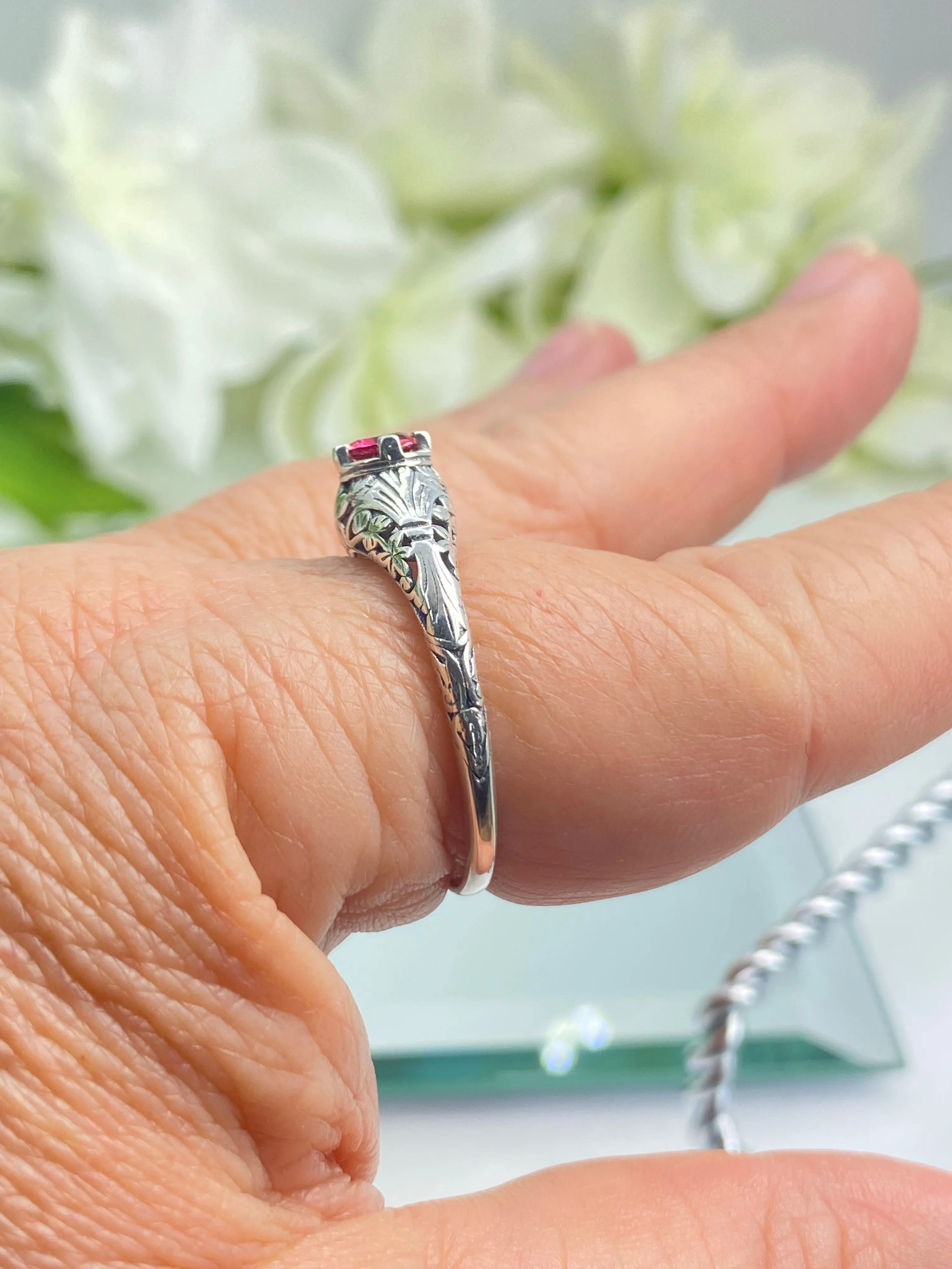 Ruby Ring, Size 11, Silver Edwardian Floral Filigree Jewelry #D154 - Ready to Ship
