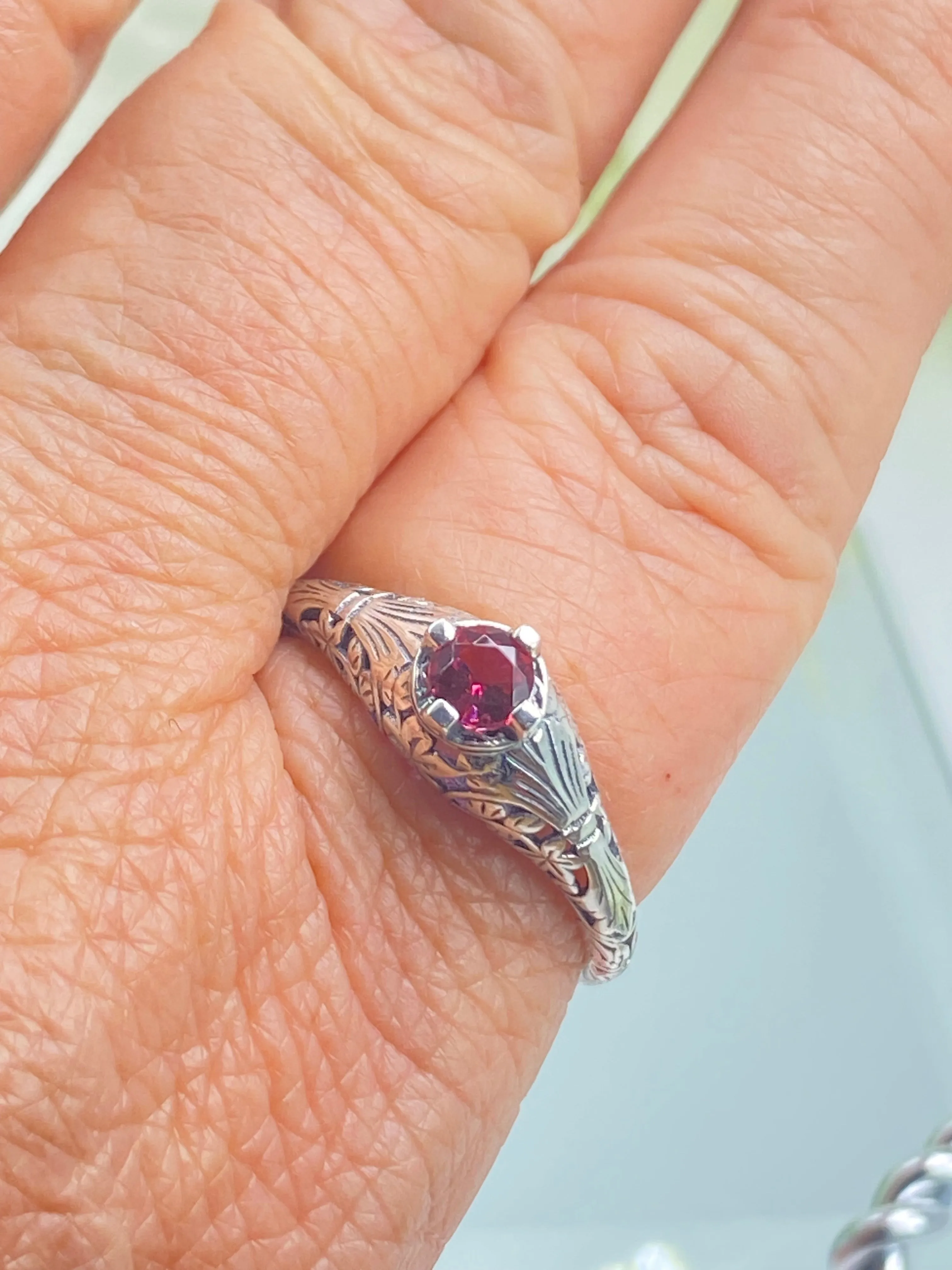 Ruby Ring, Size 11, Silver Edwardian Floral Filigree Jewelry #D154 - Ready to Ship