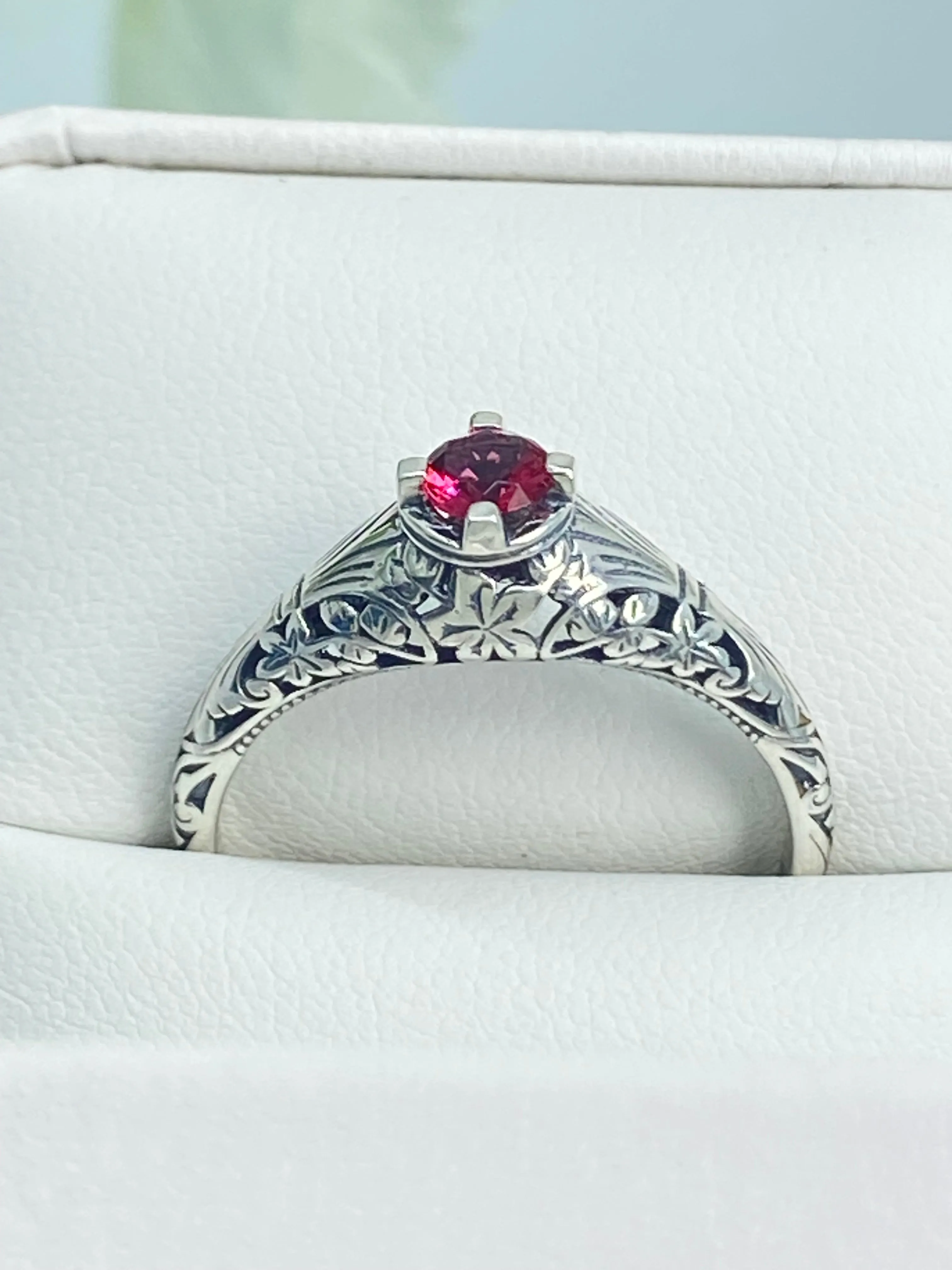 Ruby Ring, Size 11, Silver Edwardian Floral Filigree Jewelry #D154 - Ready to Ship