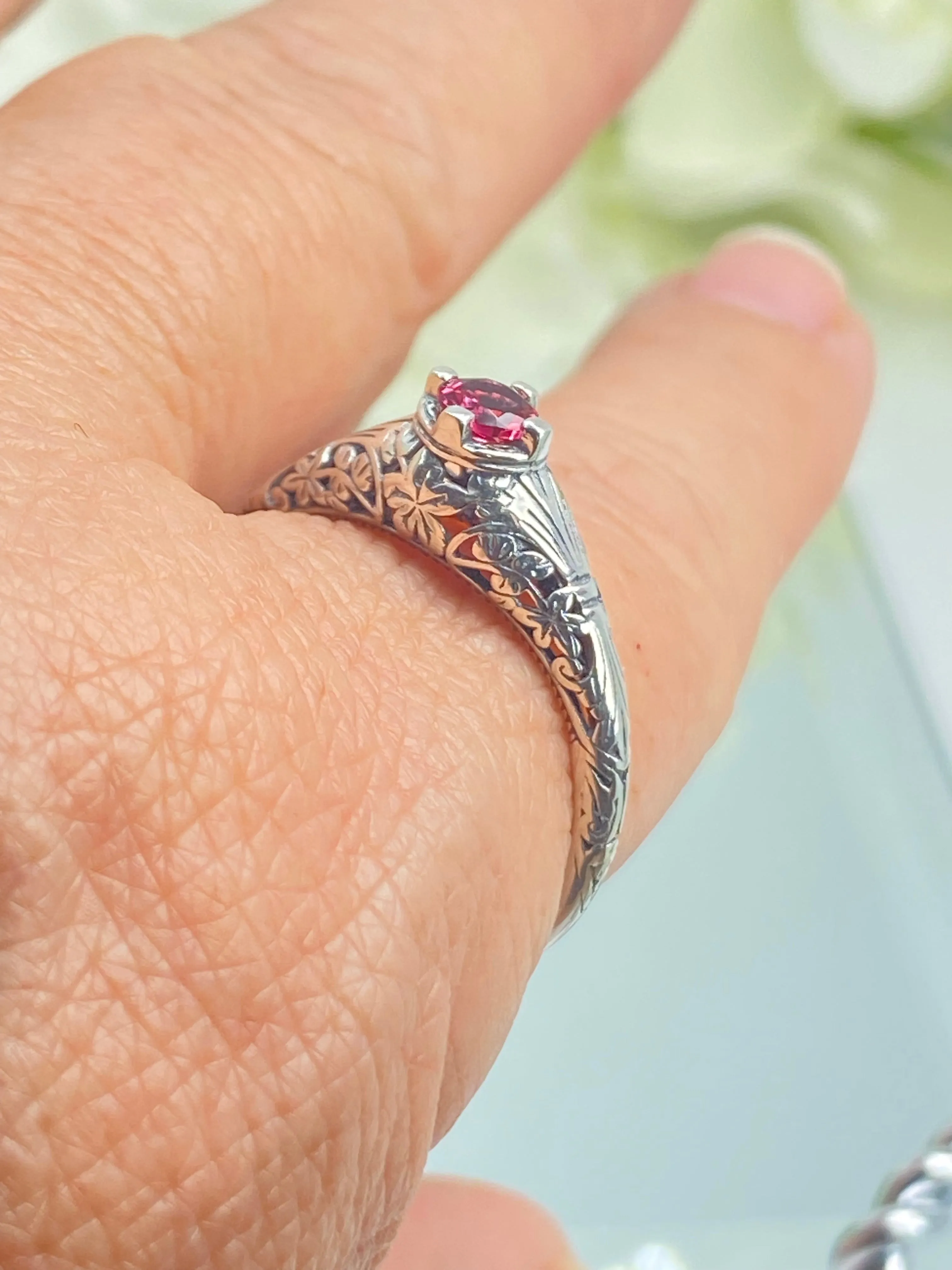 Ruby Ring, Size 11, Silver Edwardian Floral Filigree Jewelry #D154 - Ready to Ship
