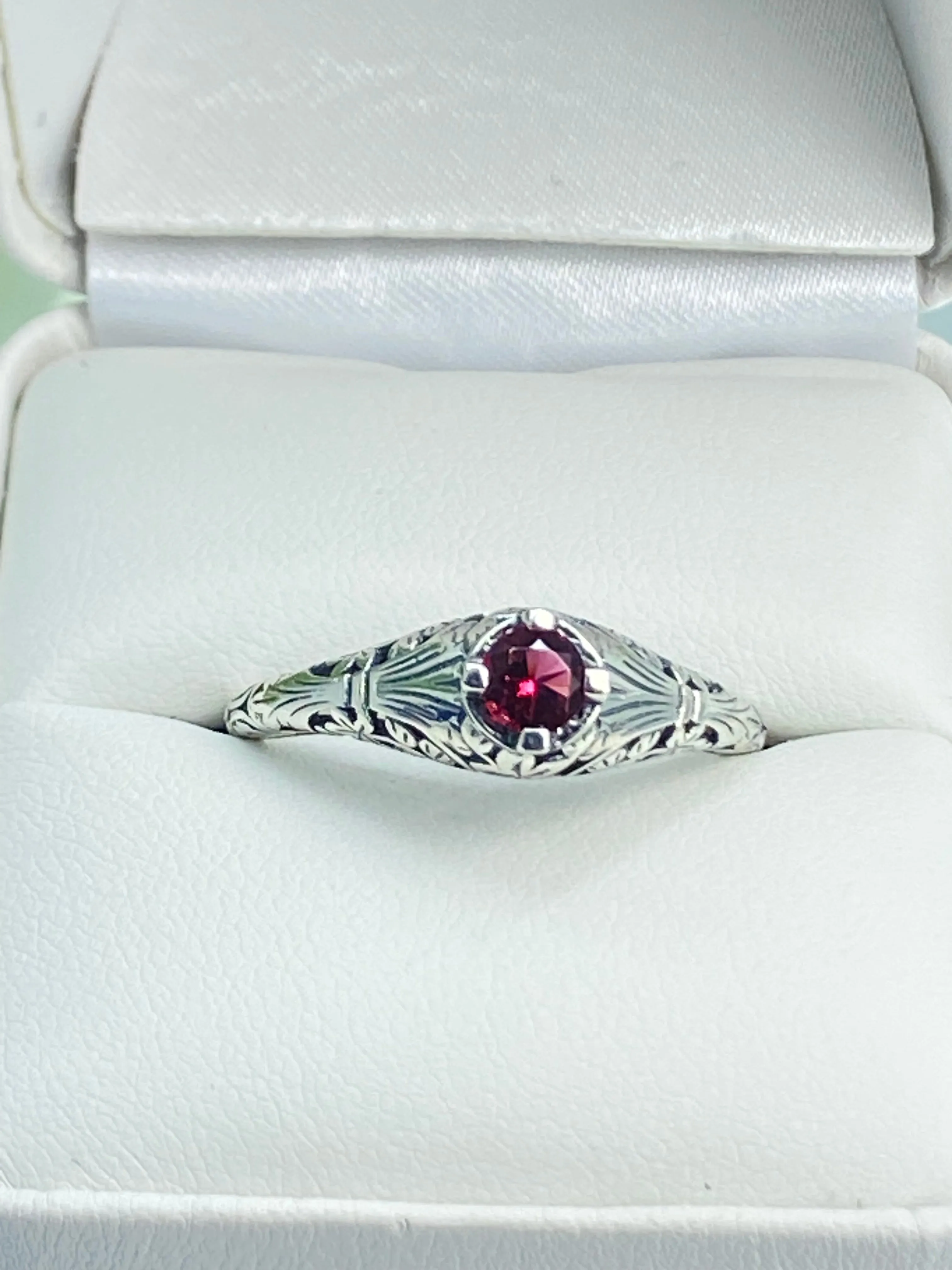 Ruby Ring, Size 11, Silver Edwardian Floral Filigree Jewelry #D154 - Ready to Ship
