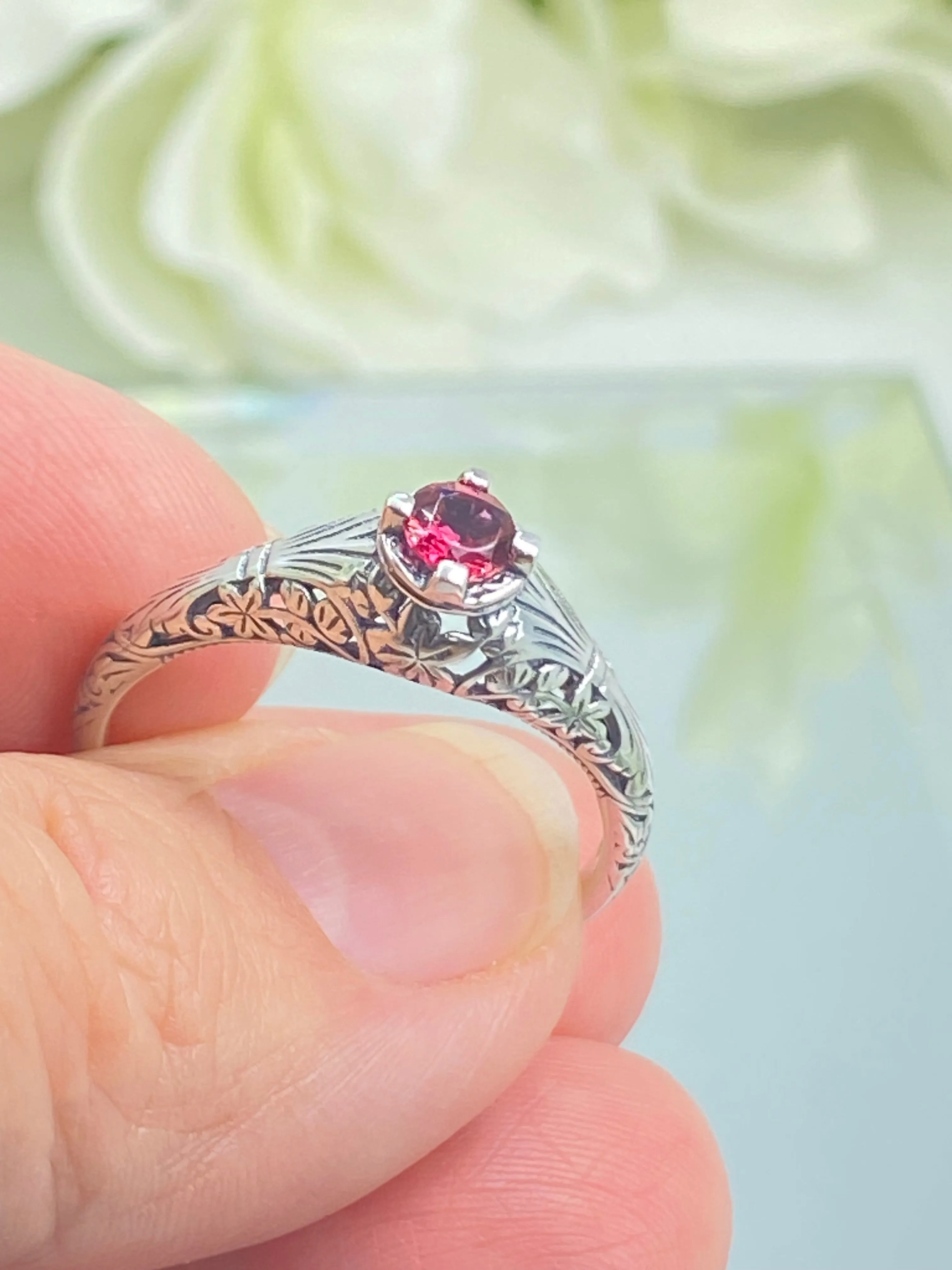 Ruby Ring, Size 11, Silver Edwardian Floral Filigree Jewelry #D154 - Ready to Ship