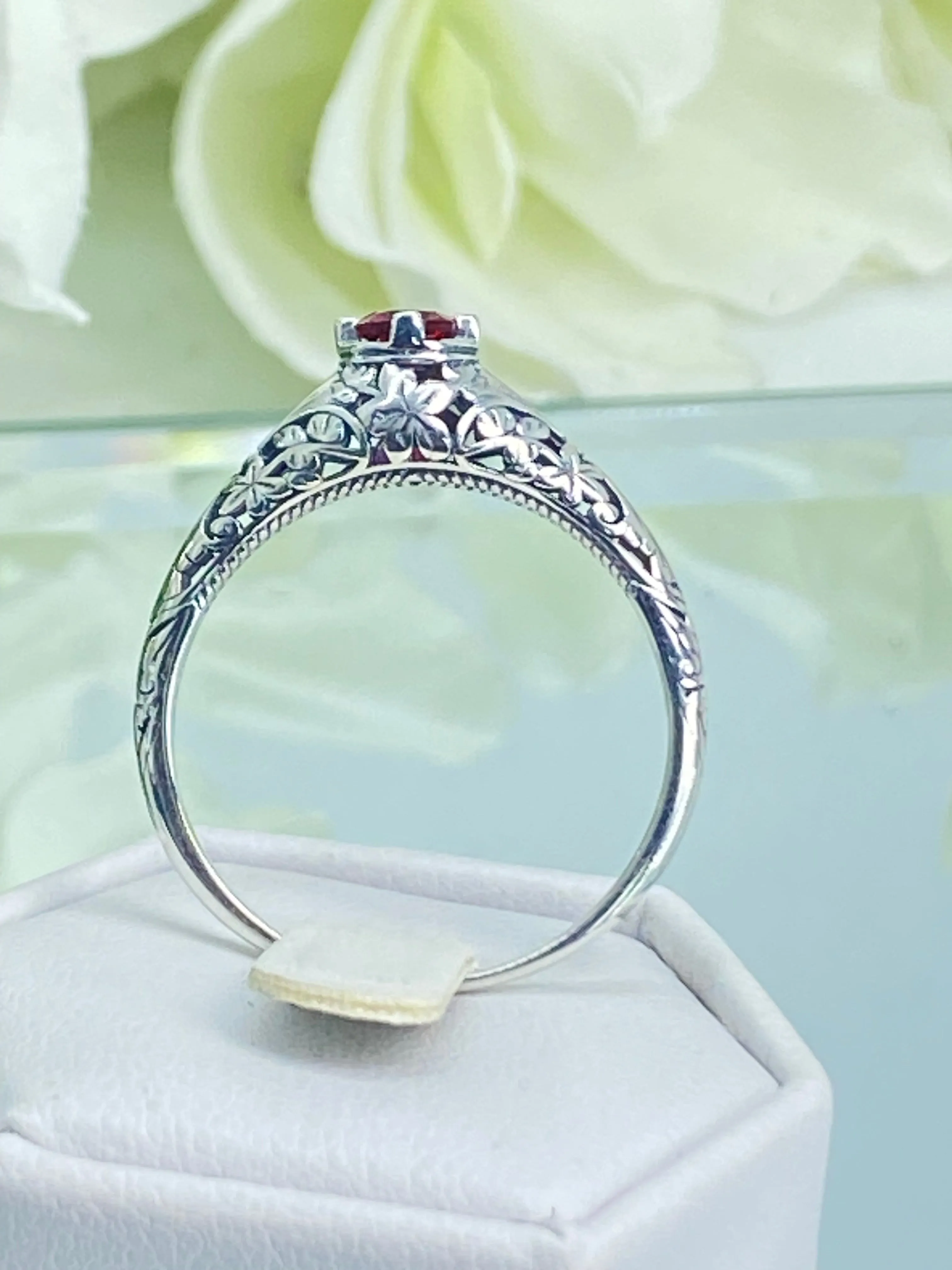Ruby Ring, Size 11, Silver Edwardian Floral Filigree Jewelry #D154 - Ready to Ship