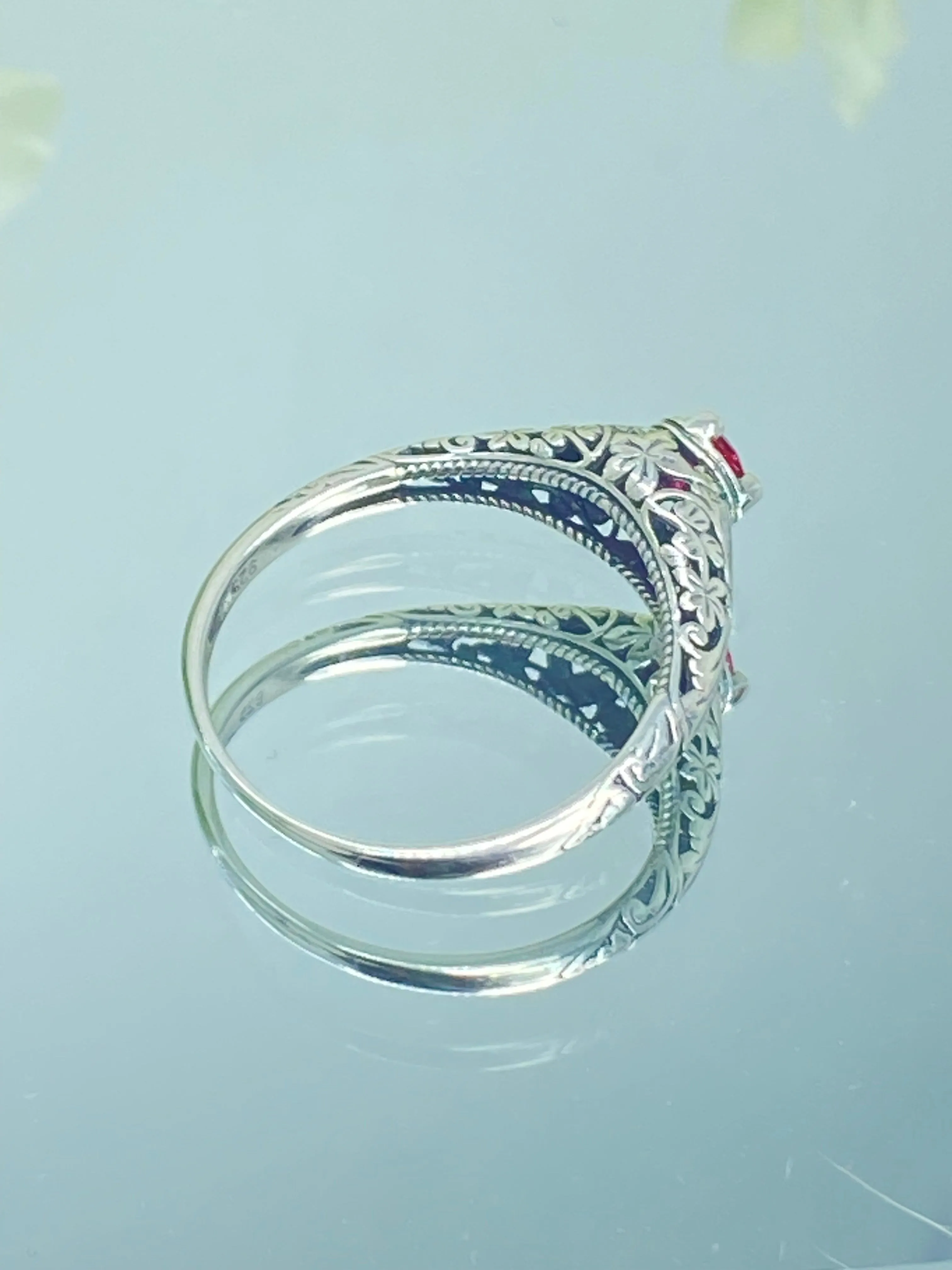 Ruby Ring, Size 11, Silver Edwardian Floral Filigree Jewelry #D154 - Ready to Ship