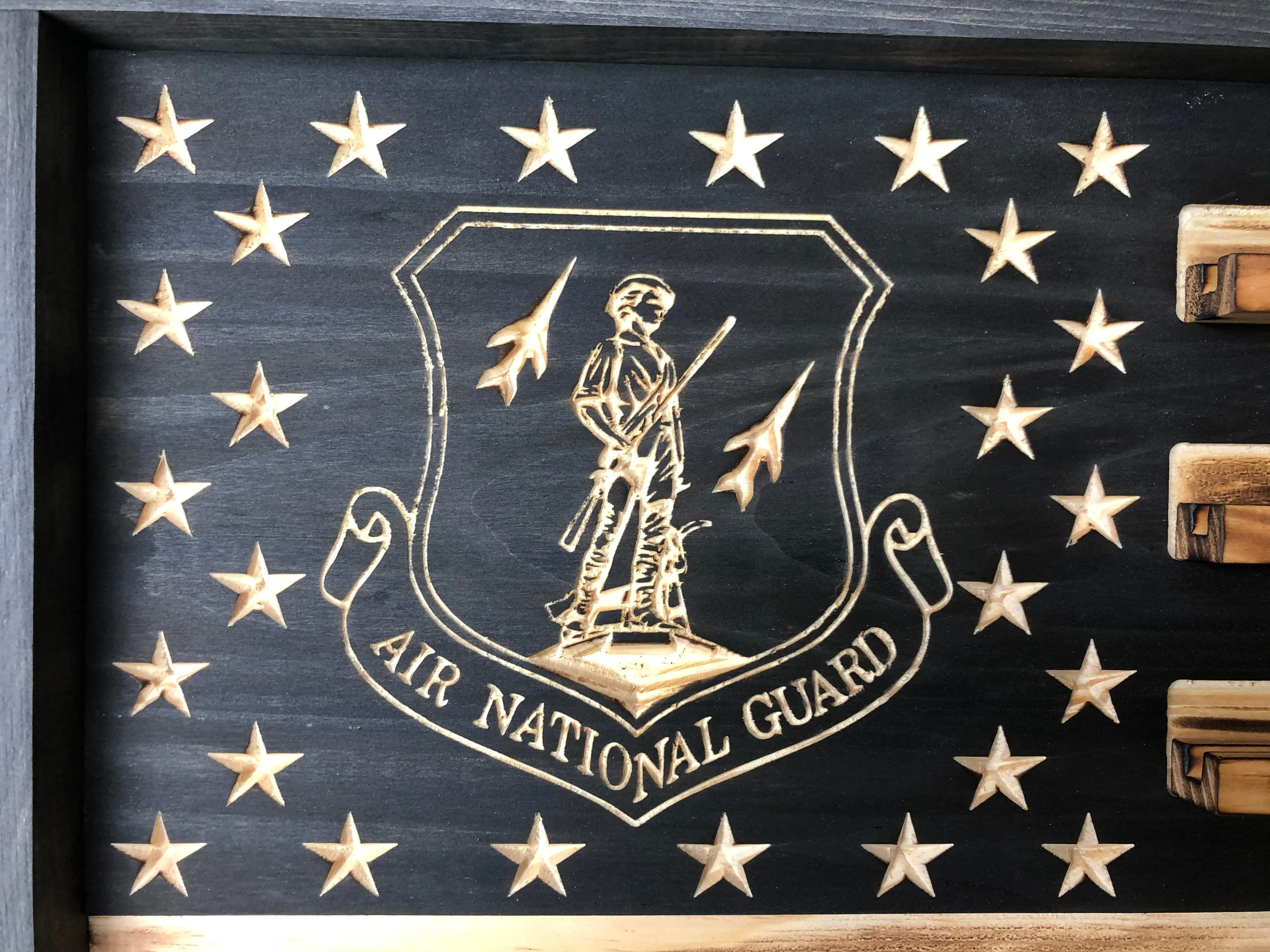 Rustic Air National Guard Wooden Handmade American Challenge Coin Flag Display, Beautiful Air National Guard Challenge Coin Flag 100% Made in the USA.