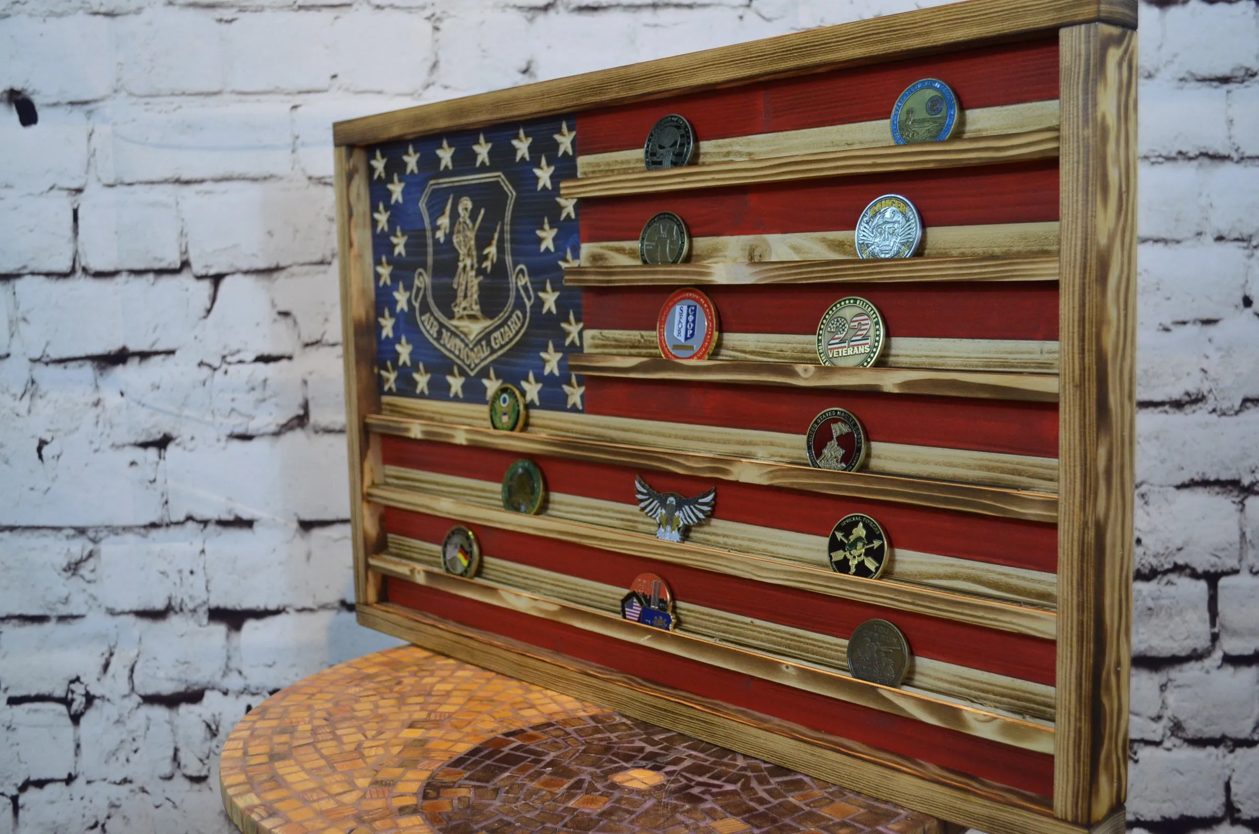 Rustic Air National Guard Wooden Handmade American Challenge Coin Flag Display, Beautiful Air National Guard Challenge Coin Flag 100% Made in the USA.