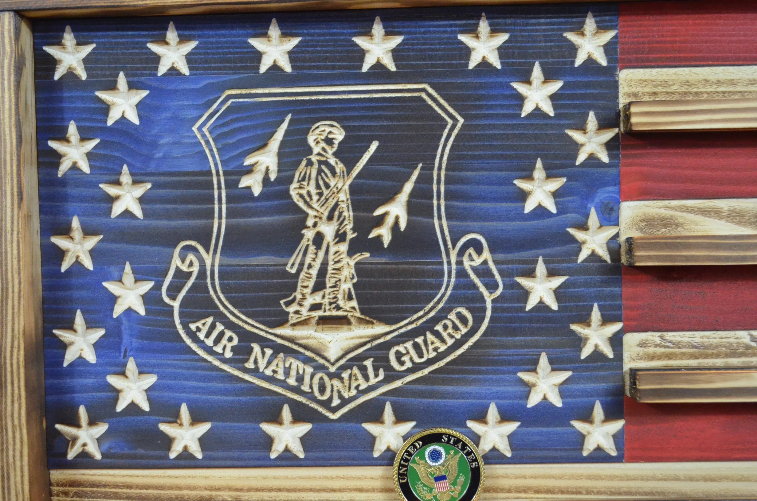 Rustic Air National Guard Wooden Handmade American Challenge Coin Flag Display, Beautiful Air National Guard Challenge Coin Flag 100% Made in the USA.