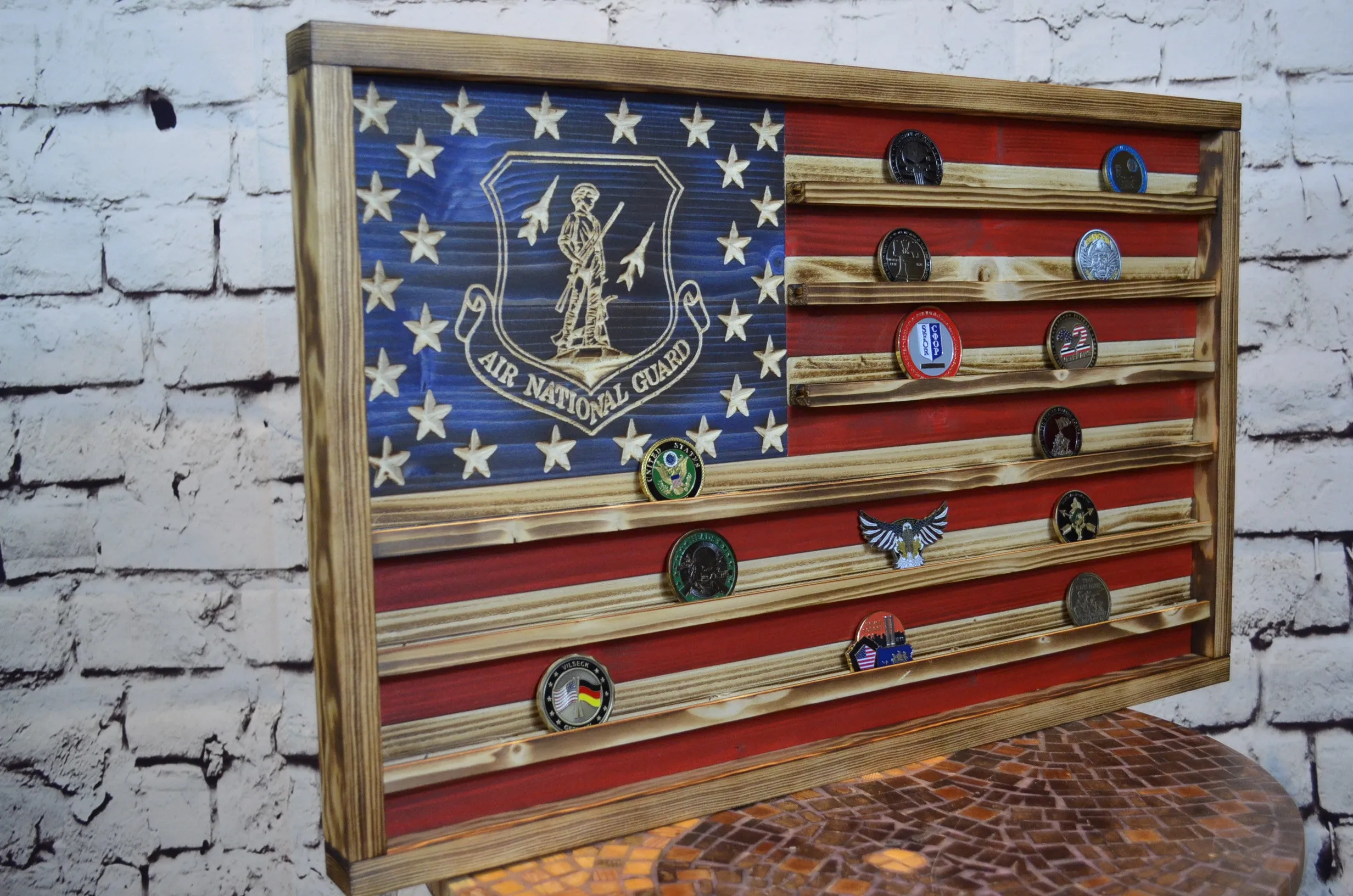 Rustic Air National Guard Wooden Handmade American Challenge Coin Flag Display, Beautiful Air National Guard Challenge Coin Flag 100% Made in the USA.