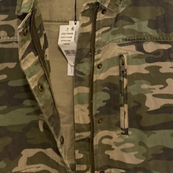 Sanctuary Safari Camo Utility Military Jacket Green Zip Snap Cotton Large NWT